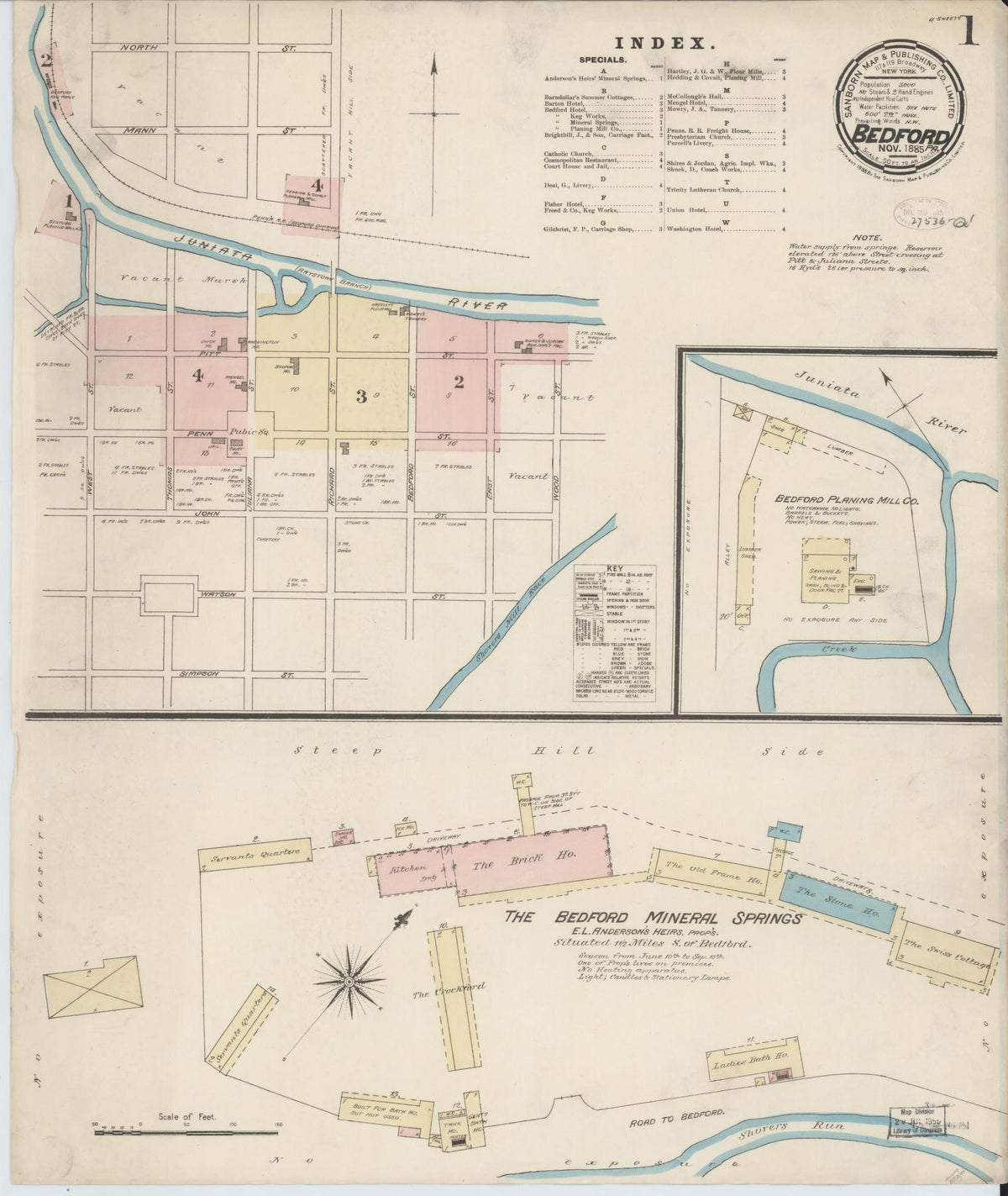Sanborn Fire Insurance Map from Bedford, Bedford County, Pennsylvania (1885), Sheet #0001 - Complete Map Set gallery image, historic Sanborn map, vintage wall art, Pennsylvania Pennsylvania
