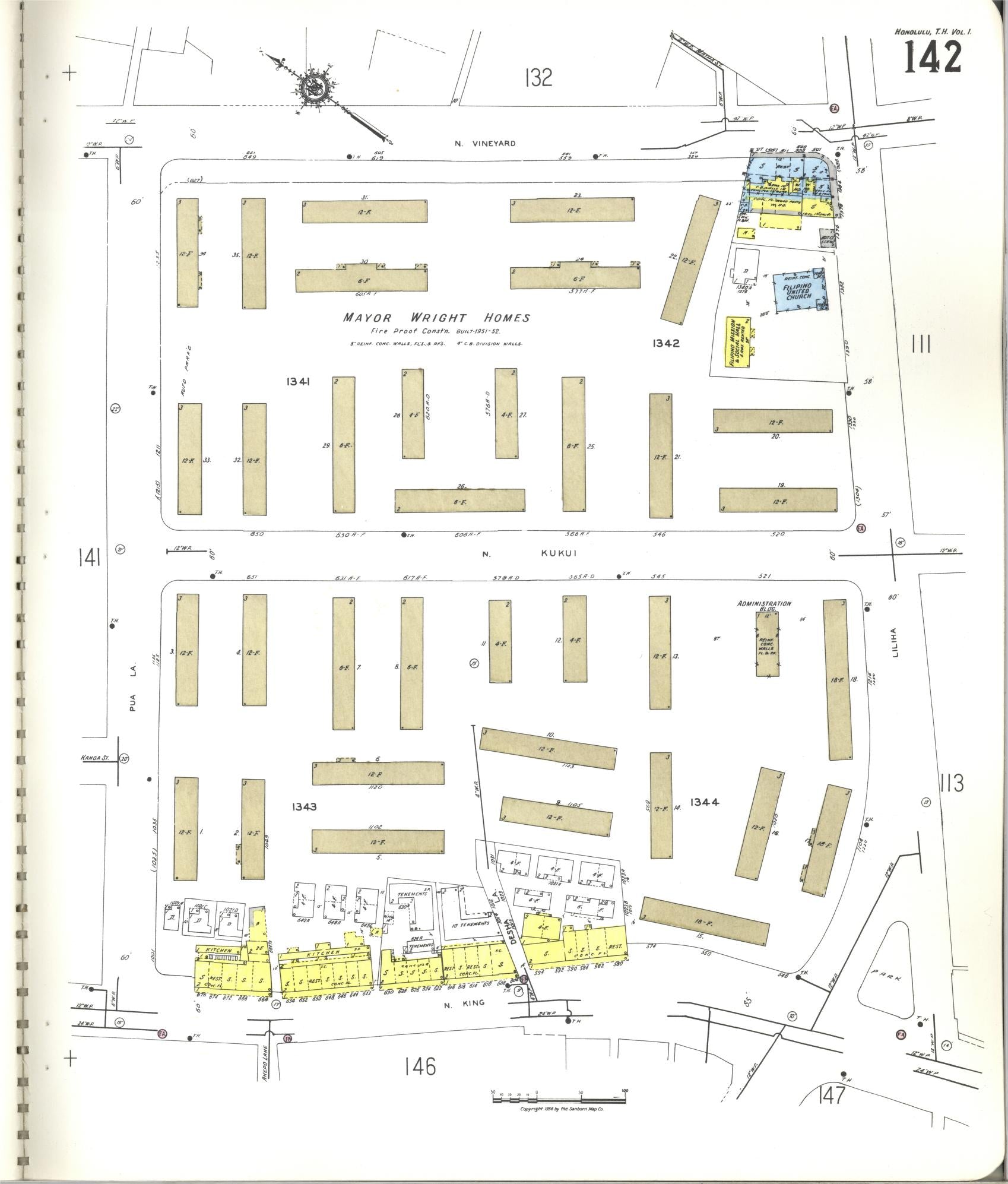Sanborn Fire Insurance Map from Honolulu, Oahu County, Hawaii (1955), Sheet #0142 - Historic Sanborn Fire Insurance Map Print