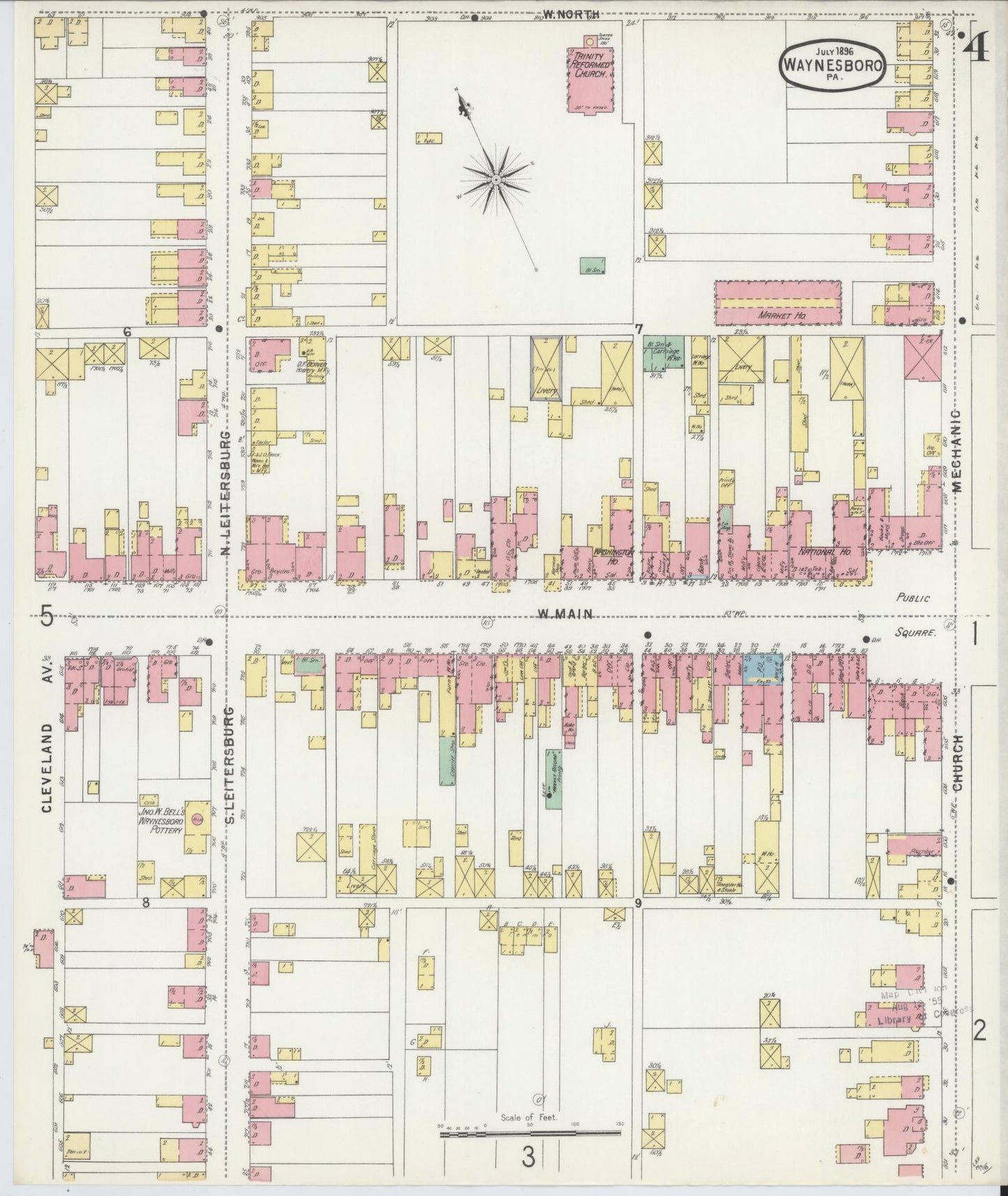 Sanborn Fire Insurance Map from Waynesboro, Franklin County, Pennsylvania (1896), Sheet #0004 - Historic Sanborn Fire Insurance Map Print, vintage old map wall art, antique decor, genealogy gift, Pennsylvania Pennsylvania map