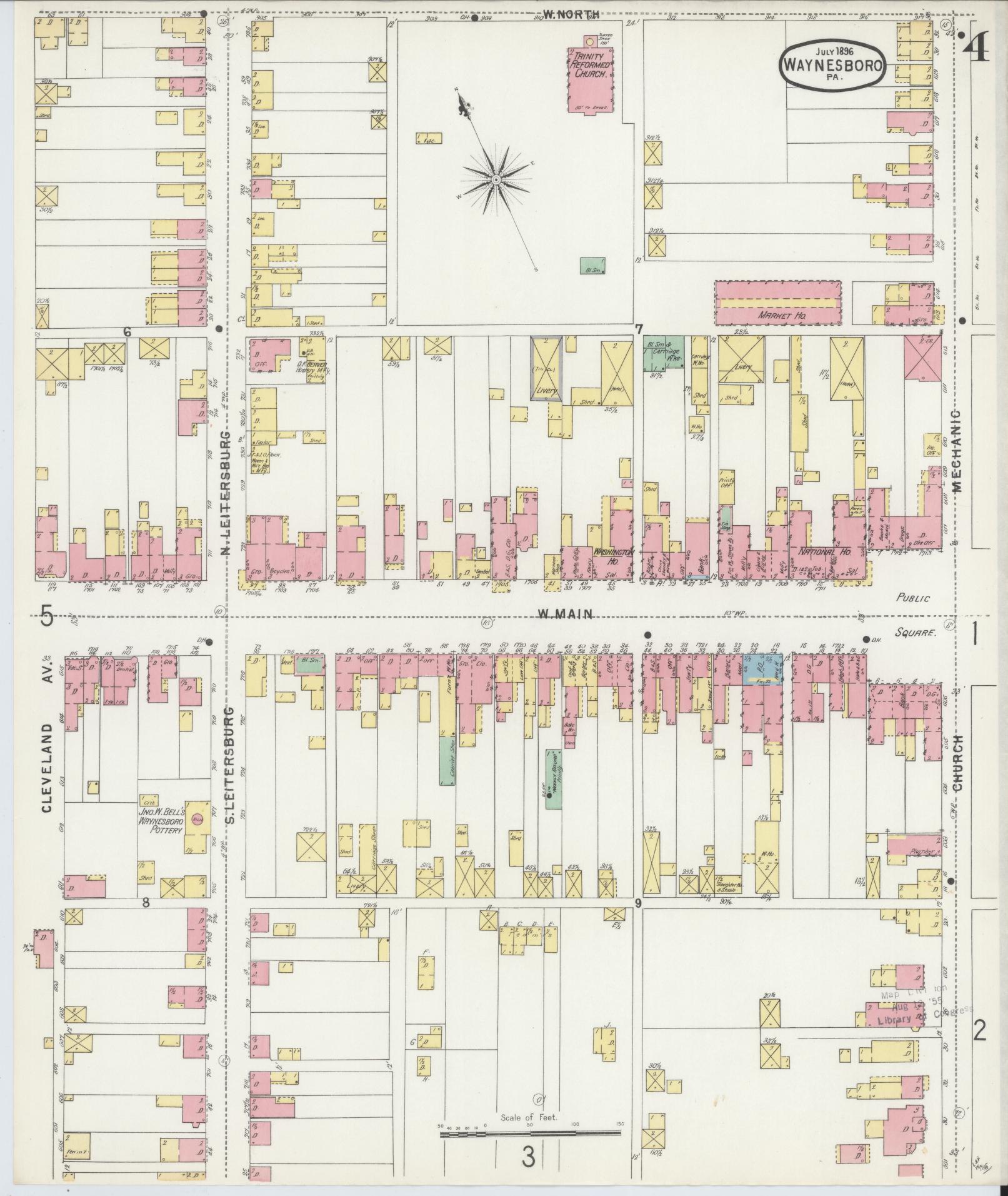Sanborn Fire Insurance Map from Waynesboro, Franklin County, Pennsylvania (1896), Sheet #0004 - Historic Sanborn Fire Insurance Map Print, vintage old map wall art, antique decor, genealogy gift, Pennsylvania Pennsylvania map