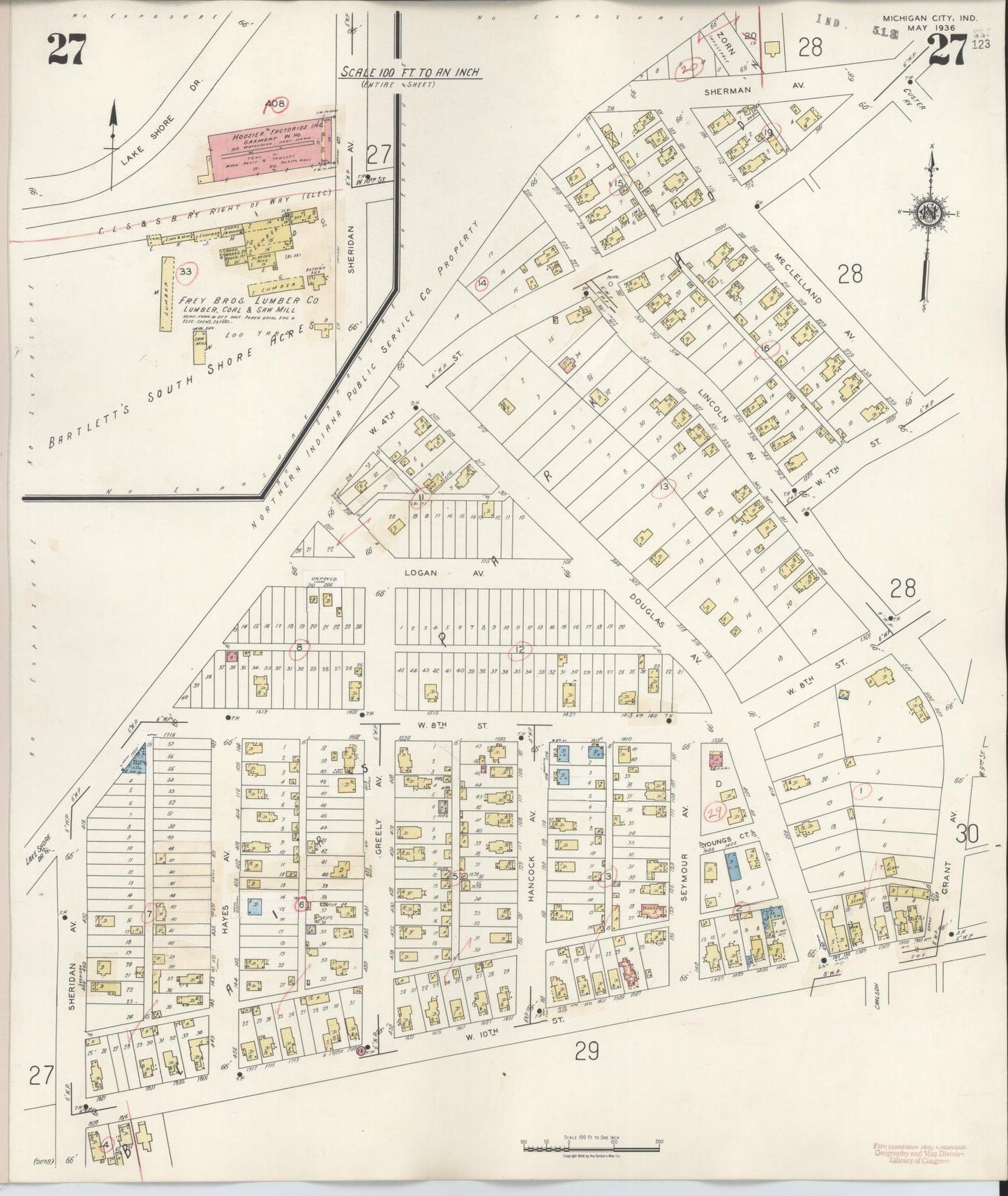 Sanborn Fire Insurance Map from Michigan City, La Porte County, Indiana (1948), Sheet #0027 - Complete Map Set gallery image, historic Sanborn map, vintage wall art, Indiana Indiana