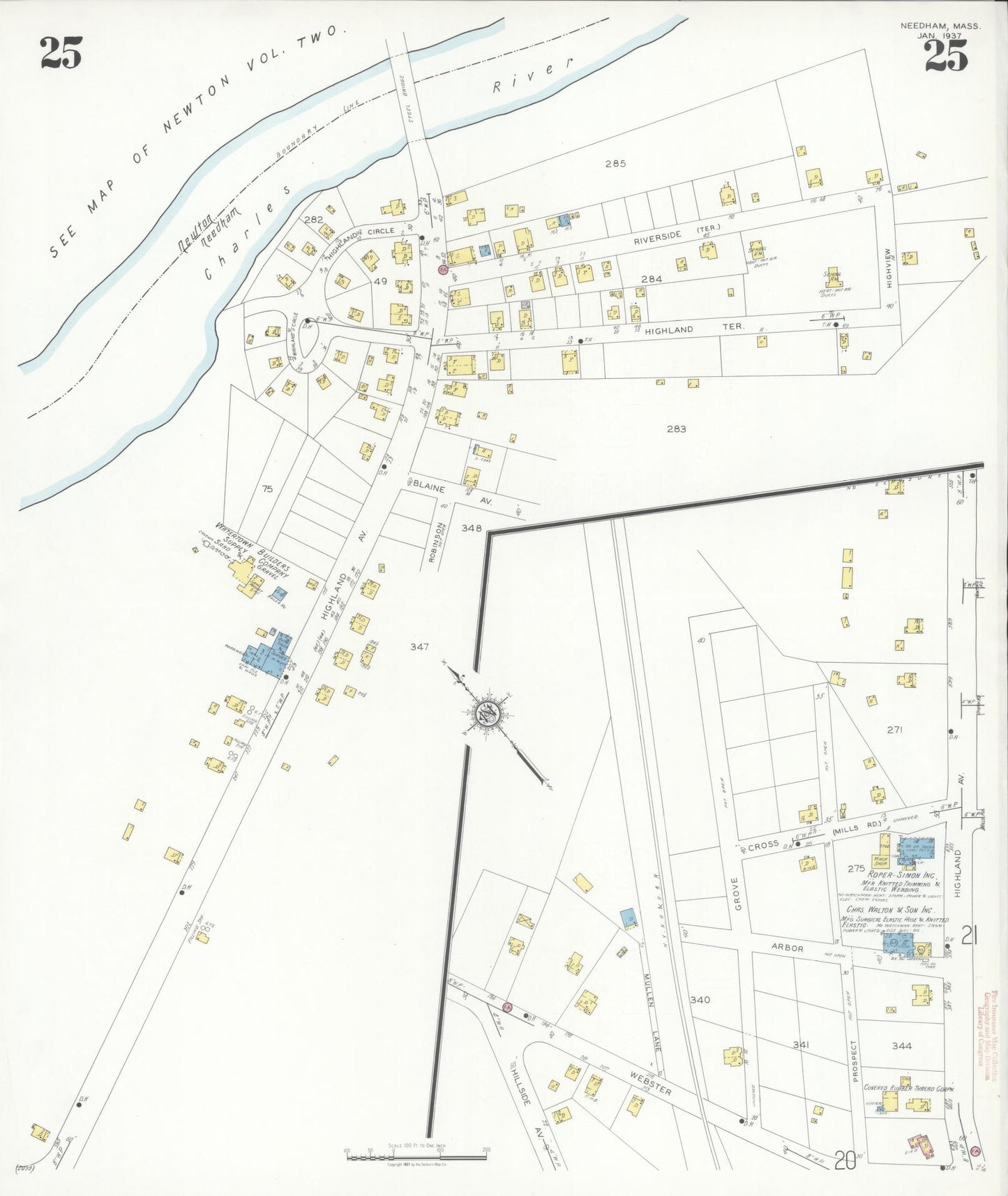 Sanborn Fire Insurance Map from Needham, Norfolk County, Massachusetts (1937), Sheet #0025 - Complete Map Set gallery image, historic Sanborn map, vintage wall art, Massachusetts Massachusetts