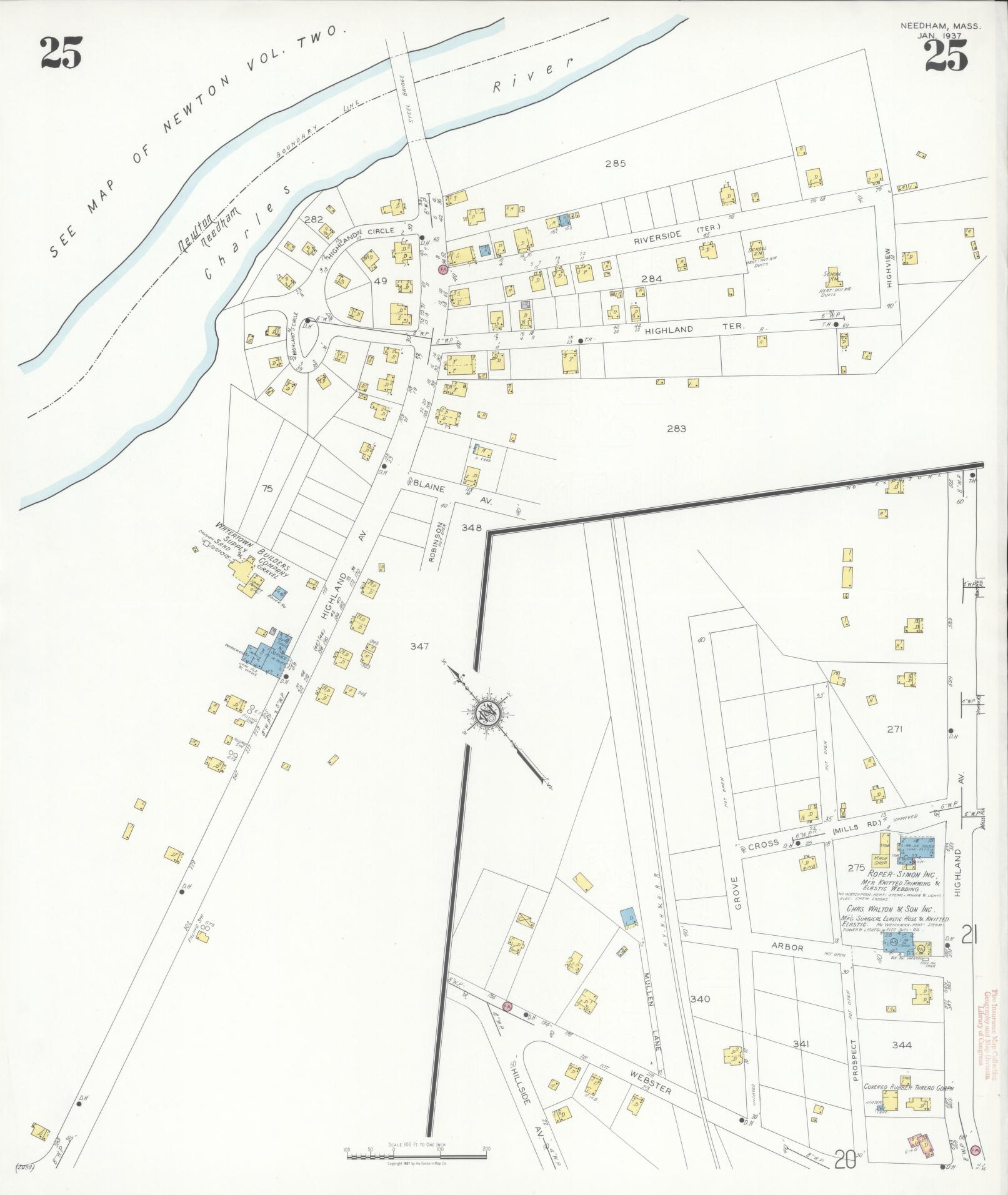 Sanborn Fire Insurance Map from Needham, Norfolk County, Massachusetts (1937), Sheet #0025 - Complete Map Set gallery image, historic Sanborn map, vintage wall art, Massachusetts Massachusetts