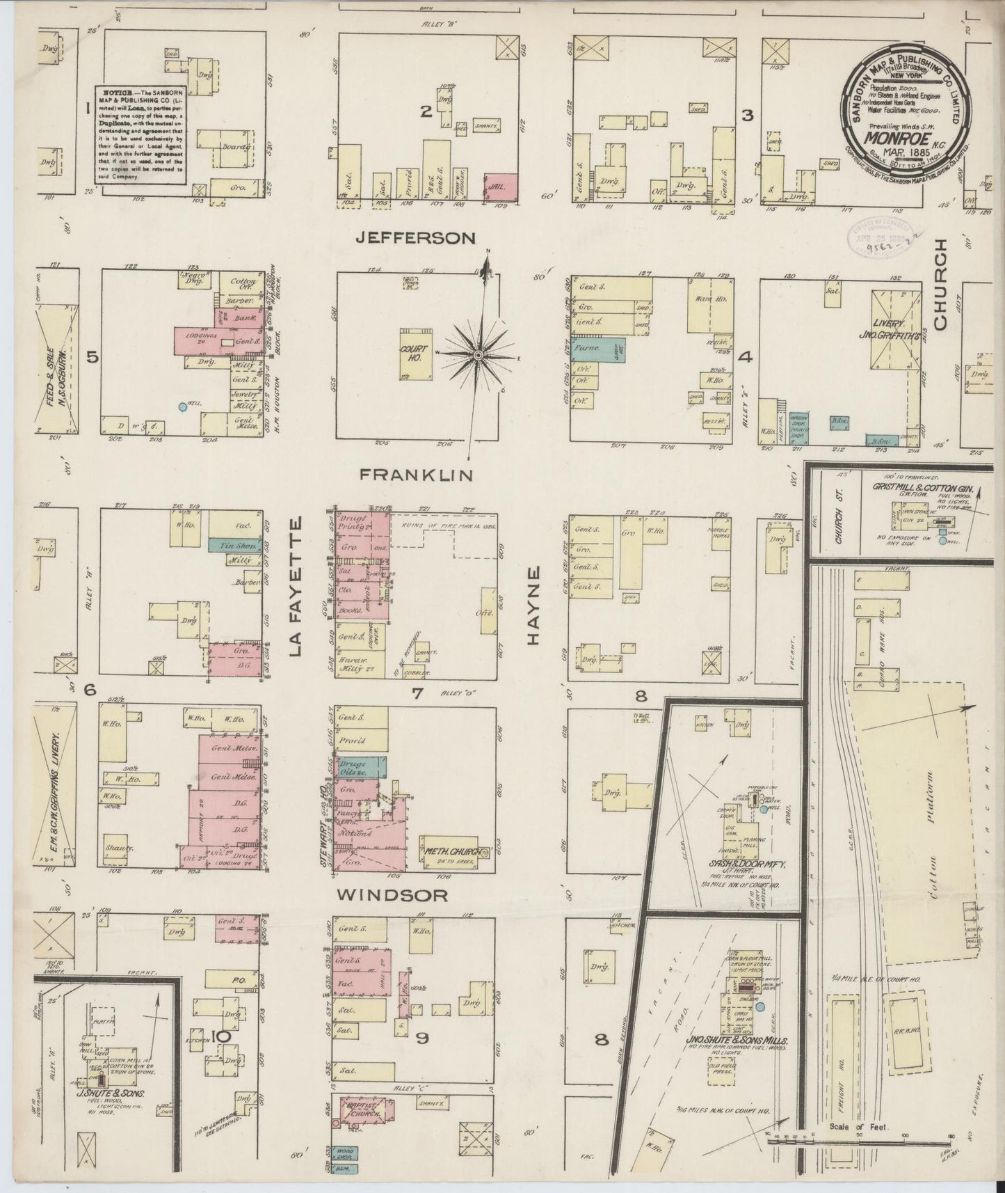 Sanborn Fire Insurance Map from Monroe, Union County, North Carolina (1885), Sheet #0001 - Historic Sanborn Fire Insurance Map Print, vintage old map wall art, antique decor, genealogy gift, North Carolina North Carolina map