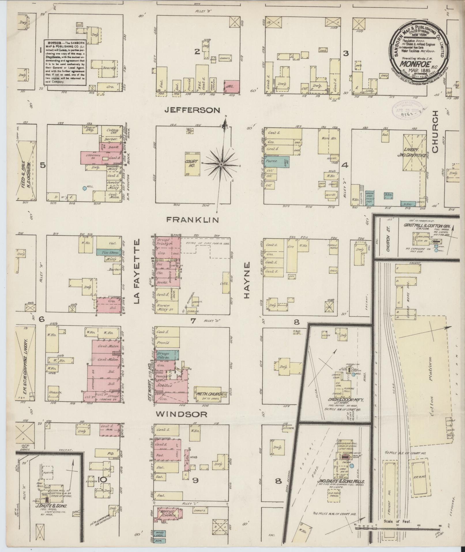 Sanborn Fire Insurance Map from Monroe, Union County, North Carolina (1885), Sheet #0001 - Historic Sanborn Fire Insurance Map Print, vintage old map wall art, antique decor, genealogy gift, North Carolina North Carolina map