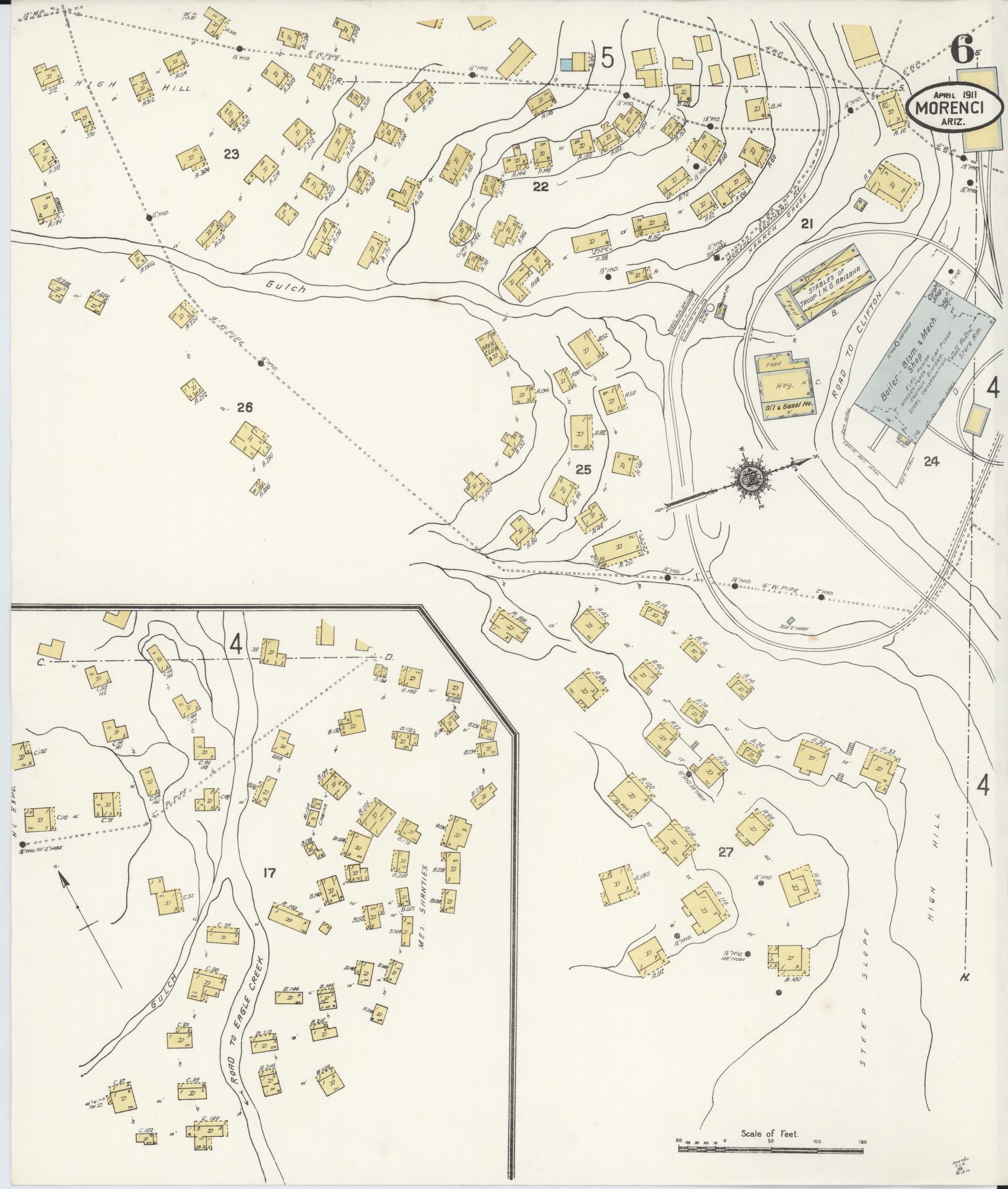 Sanborn Fire Insurance Map from Morenci, Greenlee County, Arizona (1911), Sheet #0006 - Complete Map Set gallery image, historic Sanborn map, vintage wall art, Arizona Arizona