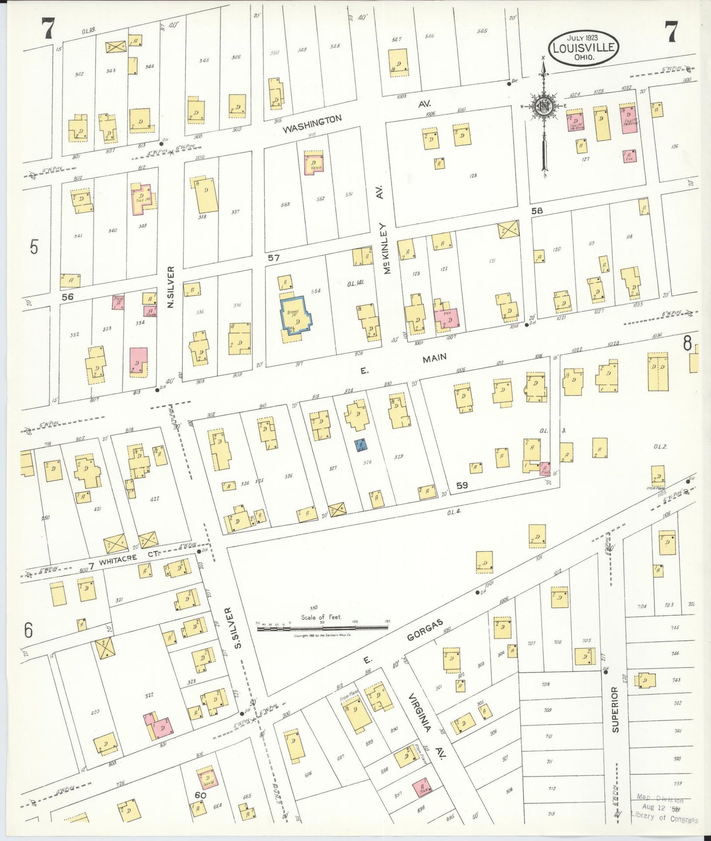 Sanborn Fire Insurance Map from Louisville, Stark County, Ohio (1923), Sheet #0007 - Historic Sanborn Fire Insurance Map Print, vintage old map wall art, antique decor, genealogy gift, Ohio Ohio map