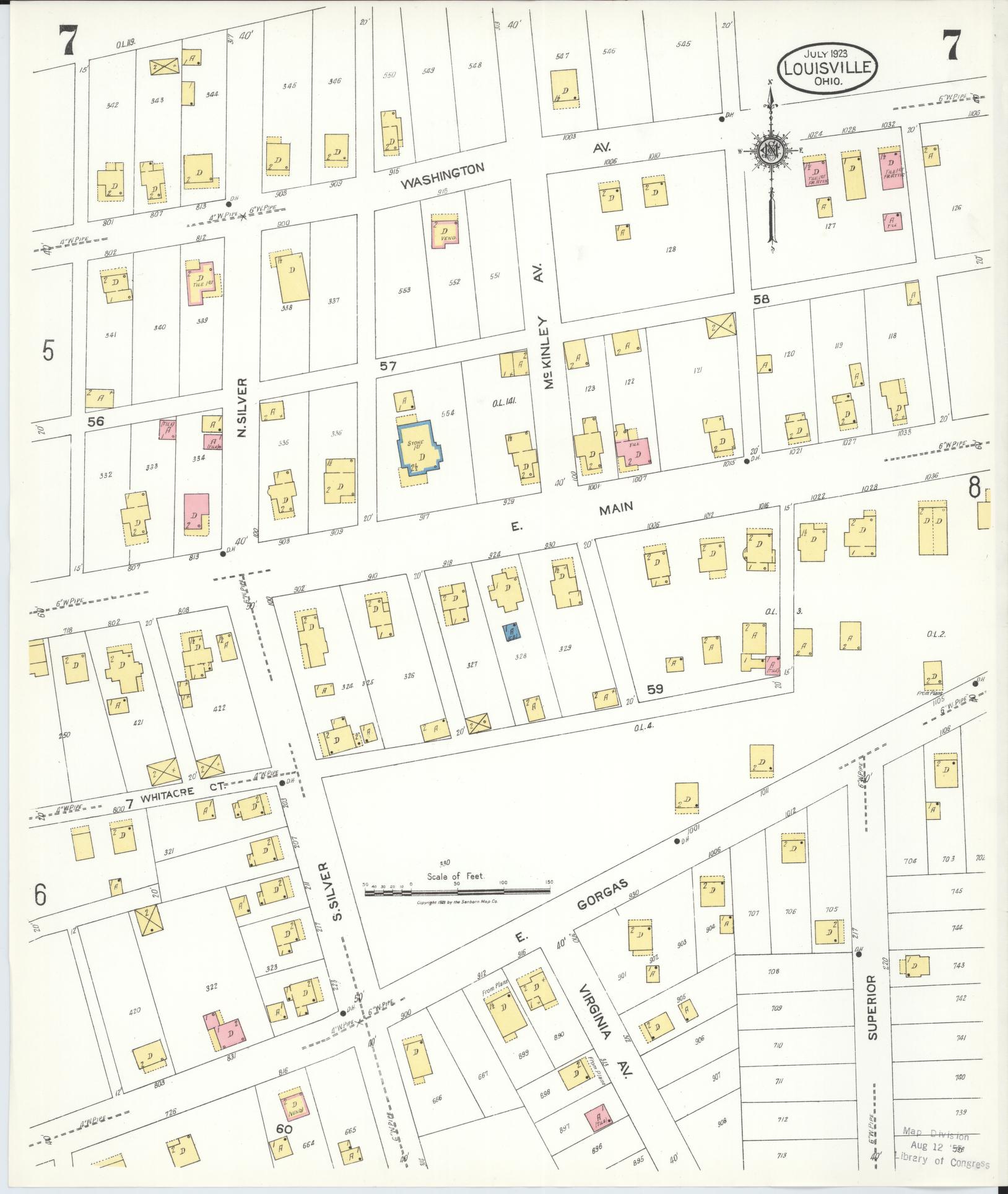Sanborn Fire Insurance Map from Louisville, Stark County, Ohio (1923), Sheet #0007 - Historic Sanborn Fire Insurance Map Print, vintage old map wall art, antique decor, genealogy gift, Ohio Ohio map