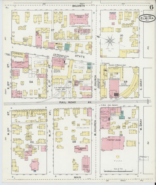 Sanborn Fire Insurance Map from Elmira, Chemung County, New York (1892), Sheet #0006 - Historic Sanborn Fire Insurance Map Print, vintage old map wall art, antique decor, genealogy gift, New York New York map