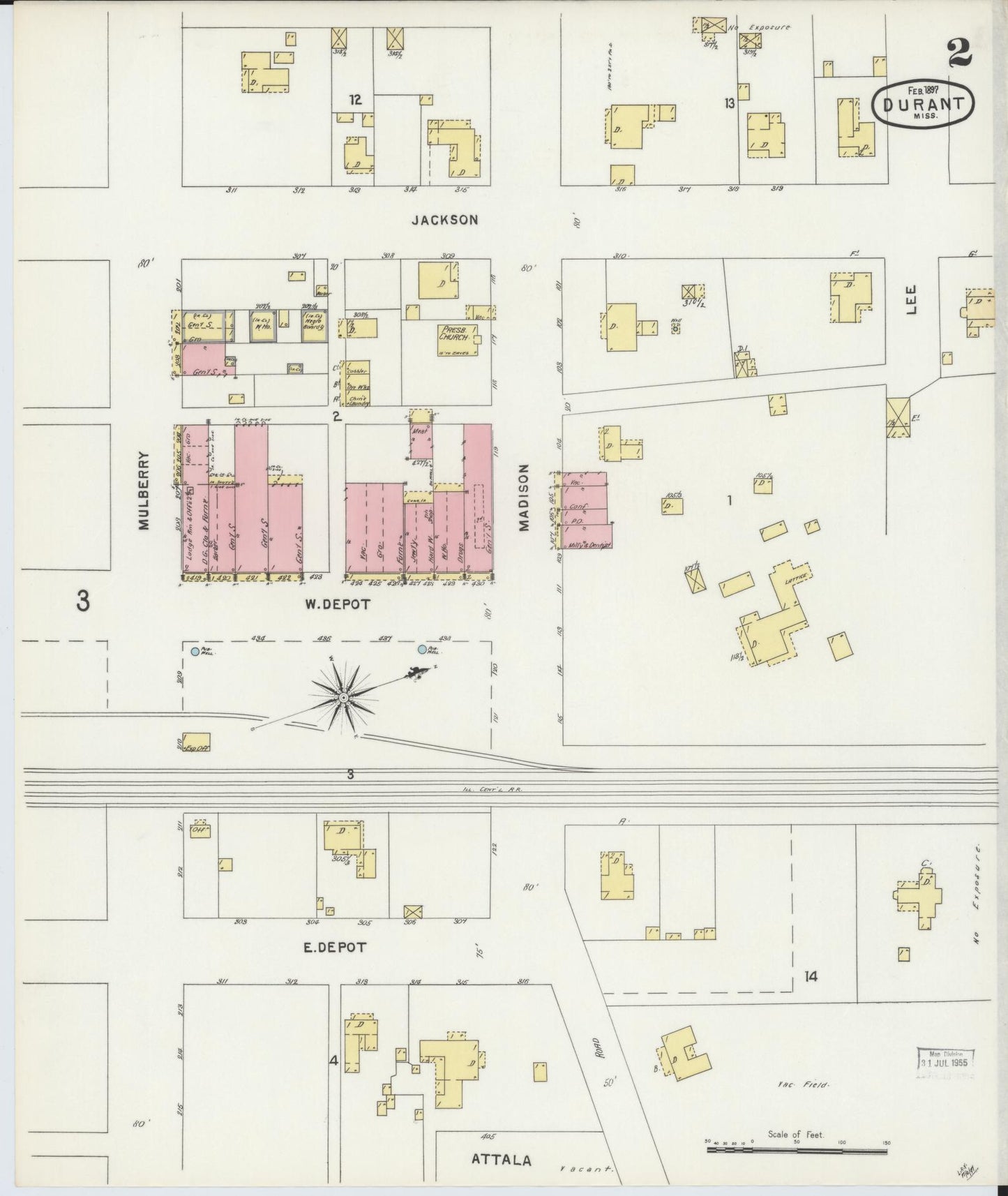 Sanborn Fire Insurance Map from Durant, Holmes County, Mississippi (1897), Sheet #0002 - Complete Map Set gallery image, historic Sanborn map, vintage wall art, Mississippi Mississippi