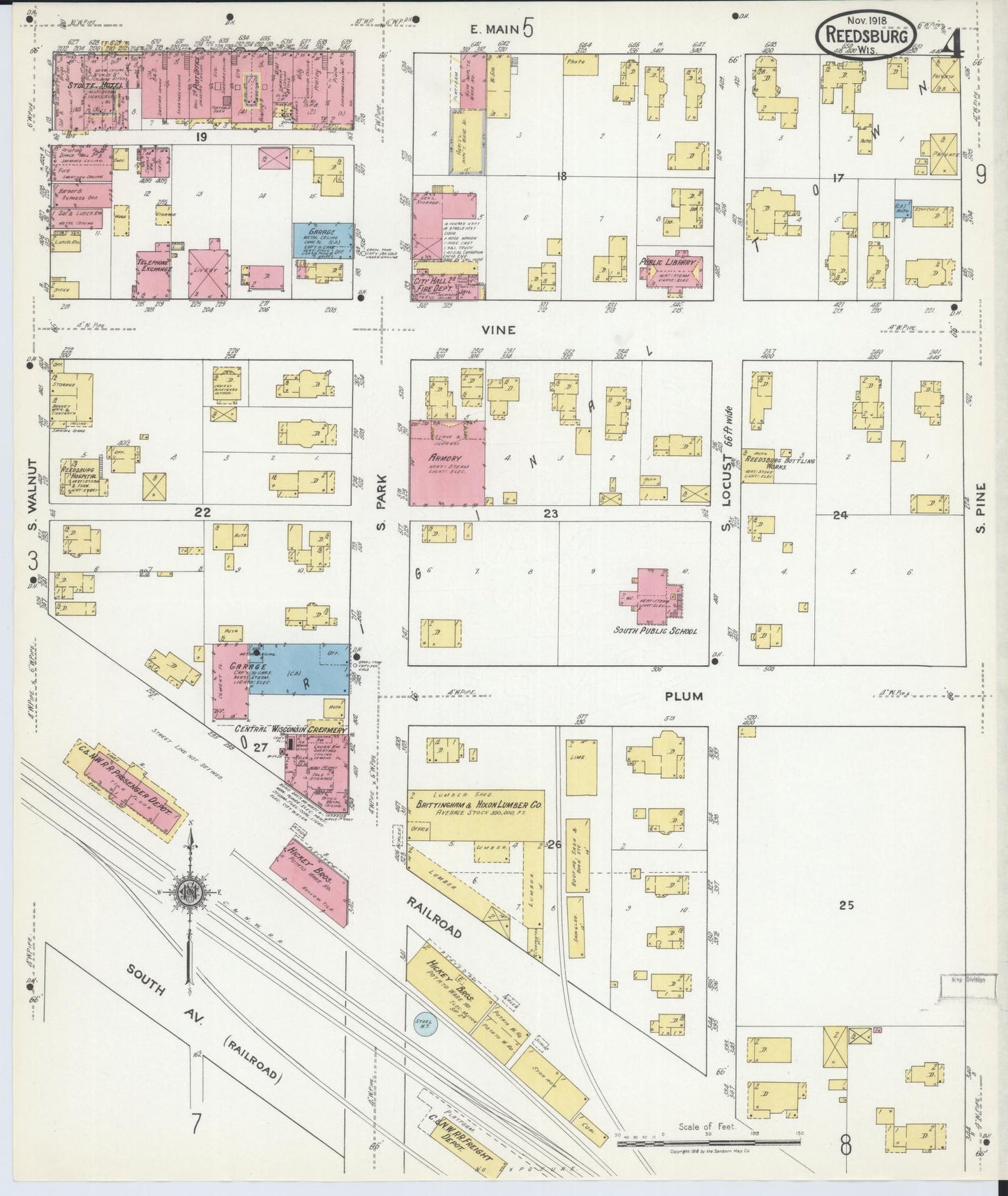 Sanborn Fire Insurance Map from Reedsburg, Sauk County, Wisconsin (1918), Sheet #0004 - Historic Sanborn Fire Insurance Map Print, vintage old map wall art, antique decor, genealogy gift, Wisconsin Wisconsin map