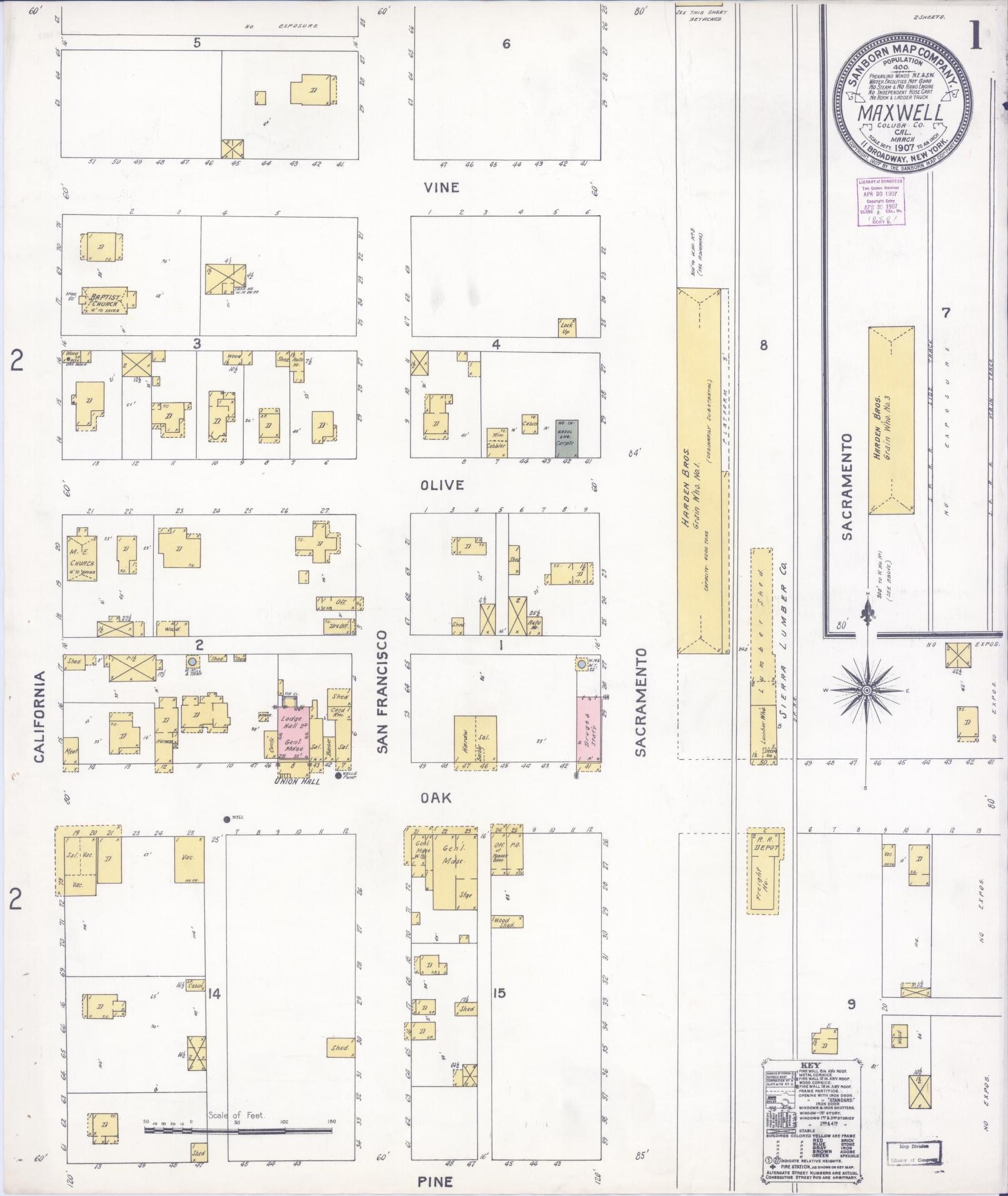 Sanborn Fire Insurance Map from Maxwell, Colusa County, California (1907), Sheet #0001 - Complete Map Set gallery image, historic Sanborn map, vintage wall art, California California