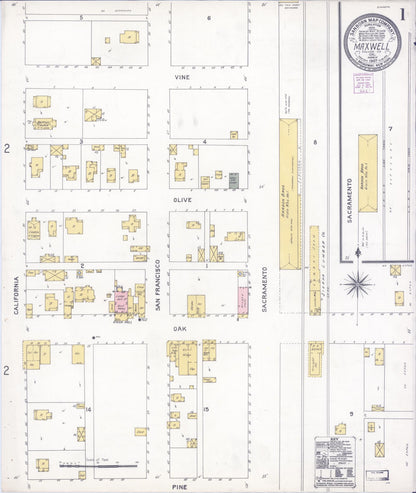 Sanborn Fire Insurance Map from Maxwell, Colusa County, California (1907), Sheet #0001 - Complete Map Set gallery image, historic Sanborn map, vintage wall art, California California