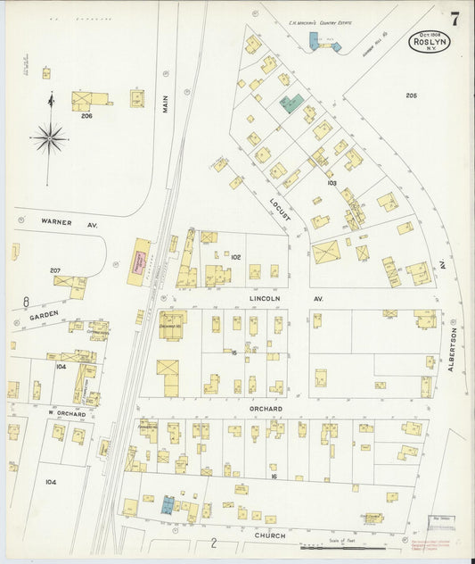 Sanborn Fire Insurance Map from Roslyn, Nassau County, New York (1908), Sheet #0007 - Historic Sanborn Fire Insurance Map Print, vintage old map wall art, antique decor, genealogy gift, New York New York map
