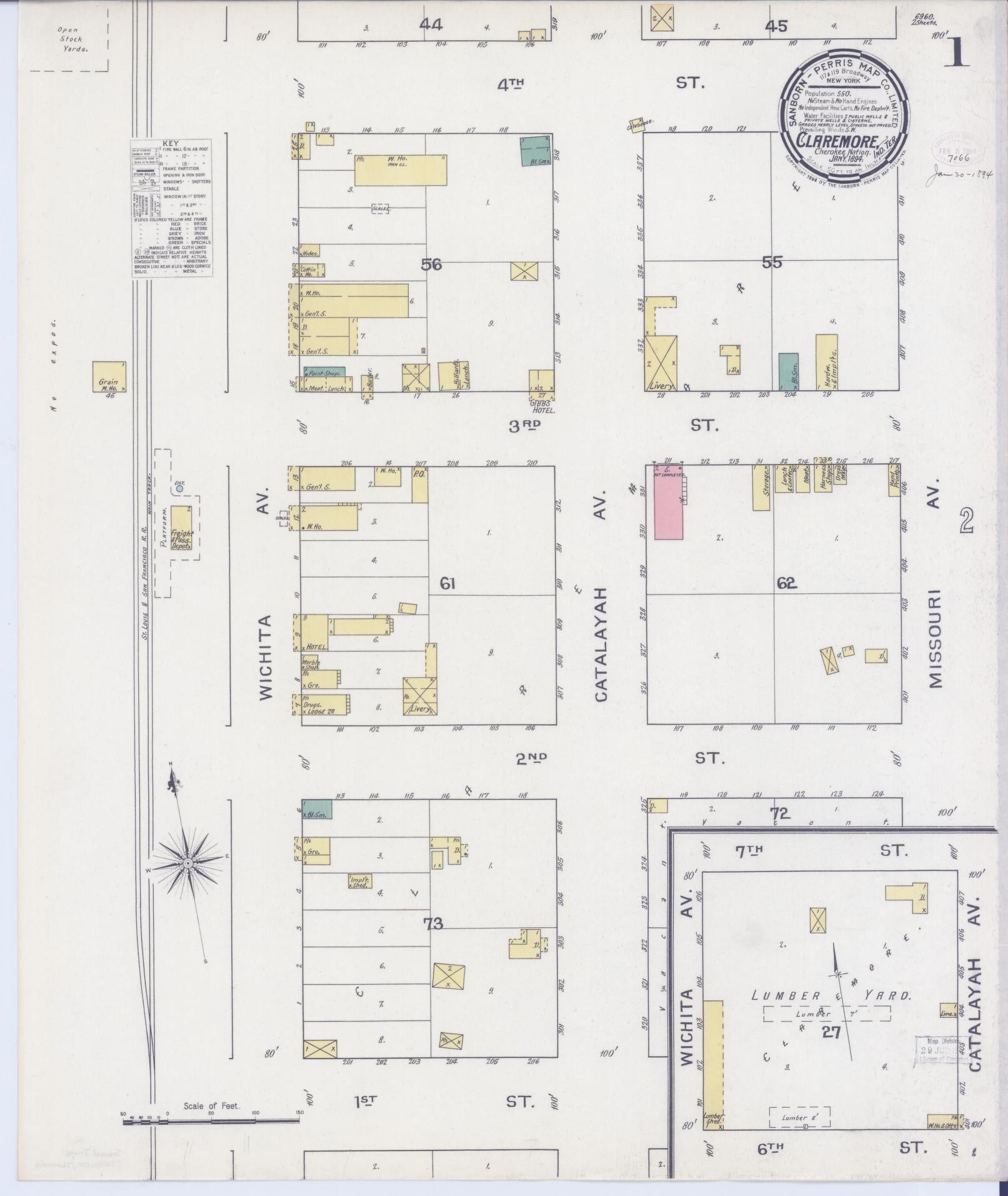 Sanborn Fire Insurance Map from Claremore, Rogers County, Oklahoma (1894), Sheet #0001 - Historic Sanborn Fire Insurance Map Print, vintage old map wall art, antique decor, genealogy gift, Oklahoma Oklahoma map