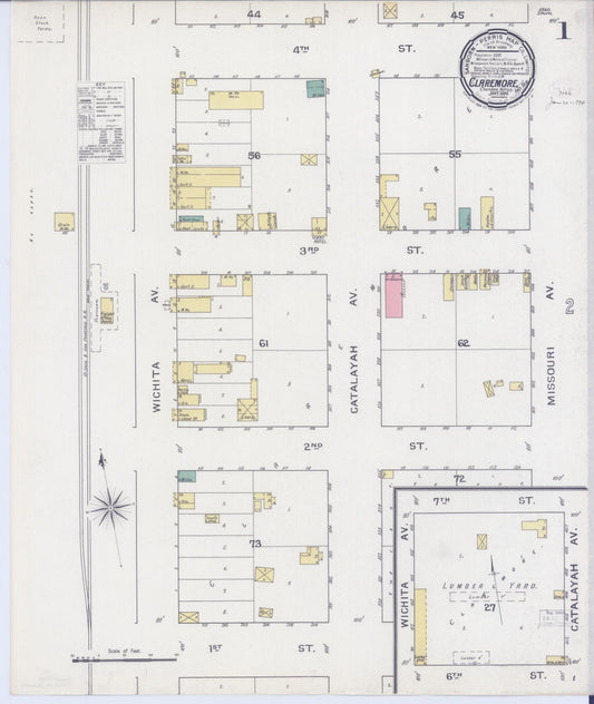 Sanborn Fire Insurance Map from Claremore, Rogers County, Oklahoma (1894), Sheet #0001 - Historic Sanborn Fire Insurance Map Print, vintage old map wall art, antique decor, genealogy gift, Oklahoma Oklahoma map