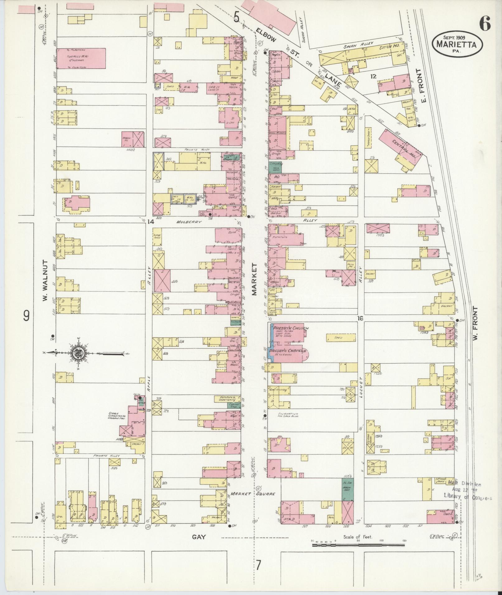 Sanborn Fire Insurance Map from Marietta, Lancaster County, Pennsylvania (1909), Sheet #0006 - Historic Sanborn Fire Insurance Map Print, vintage old map wall art, antique decor, genealogy gift, Pennsylvania Pennsylvania map