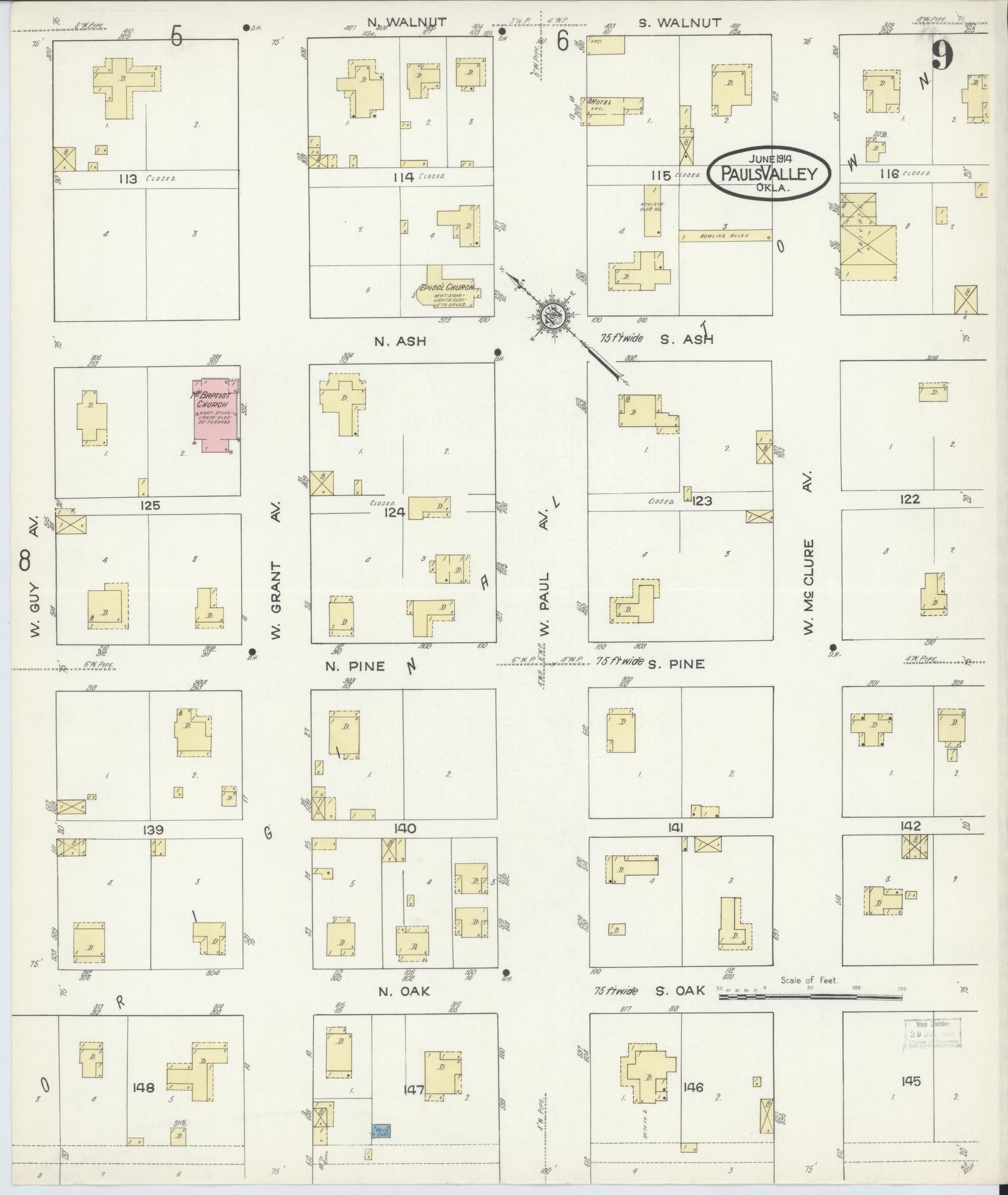 Sanborn Fire Insurance Map from Pauls Valley, Garvin County, Oklahoma (1914), Sheet #0009 - Historic Sanborn Fire Insurance Map Print, vintage old map wall art, antique decor, genealogy gift, Oklahoma Oklahoma map