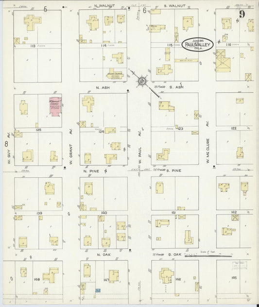 Sanborn Fire Insurance Map from Pauls Valley, Garvin County, Oklahoma (1914), Sheet #0009 - Historic Sanborn Fire Insurance Map Print, vintage old map wall art, antique decor, genealogy gift, Oklahoma Oklahoma map