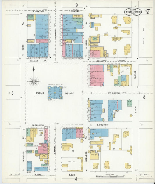 Sanborn Fire Insurance Map from Weatherford, Parker County, Texas (1905), Sheet #0007 - Historic Sanborn Fire Insurance Map Print, vintage old map wall art, antique decor, genealogy gift, Texas Texas map