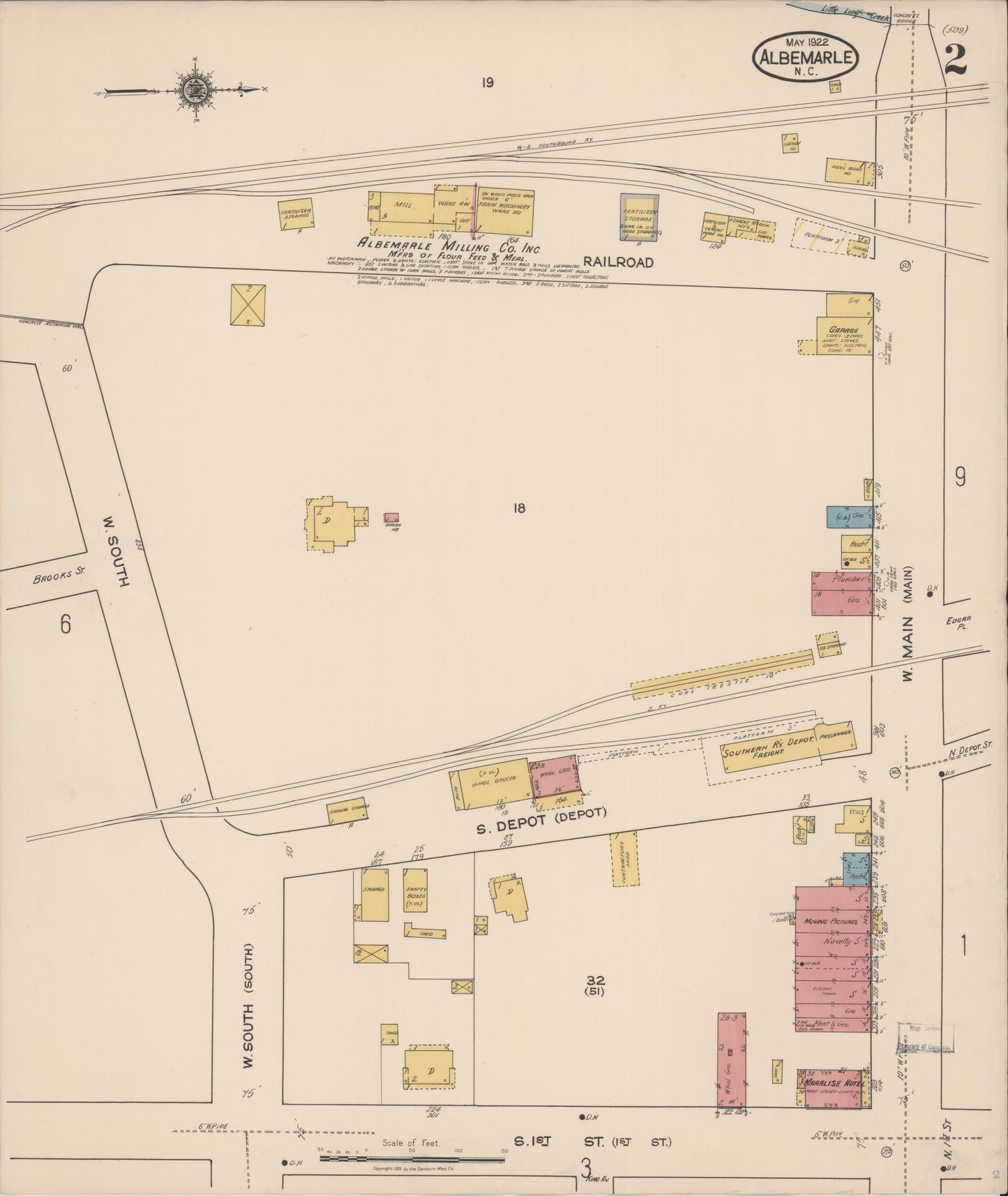 Sanborn Fire Insurance Map from Albemarle, Stanley County, North Carolina (1922), Sheet #0002 - Historic Sanborn Fire Insurance Map Print, vintage old map wall art, antique decor, genealogy gift, North Carolina North Carolina map