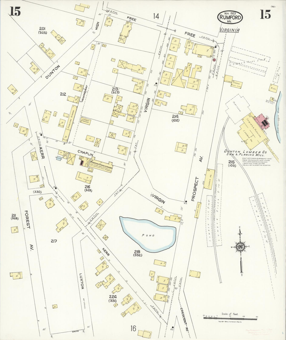 Sanborn Fire Insurance Map from Rumford, Oxford County, Maine (1923), Sheet #0015 - Complete Map Set gallery image, historic Sanborn map, vintage wall art, Maine Maine