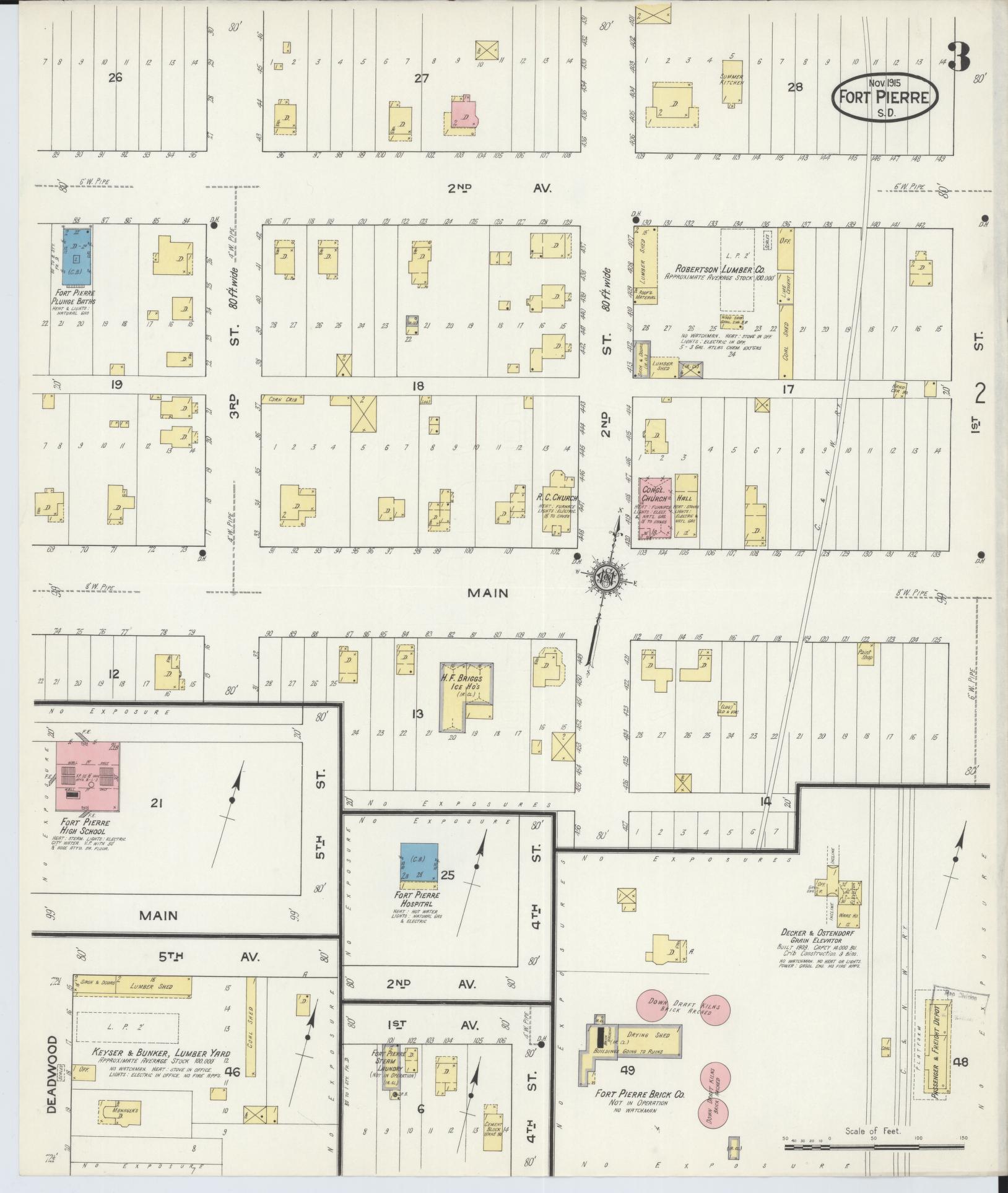 Sanborn Fire Insurance Map from Fort Pierre, Stanley County, South Dakota (1915), Sheet #0003 - Historic Sanborn Fire Insurance Map Print, vintage old map wall art, antique decor, genealogy gift, South Dakota South Dakota map