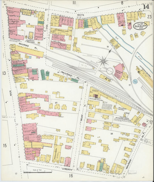 Sanborn Fire Insurance Map from Danbury, Fairfield County, Connecticut (1904), Sheet #0014 - Historic Sanborn Fire Insurance Map Print, vintage old map wall art, antique decor, genealogy gift, Connecticut Connecticut map