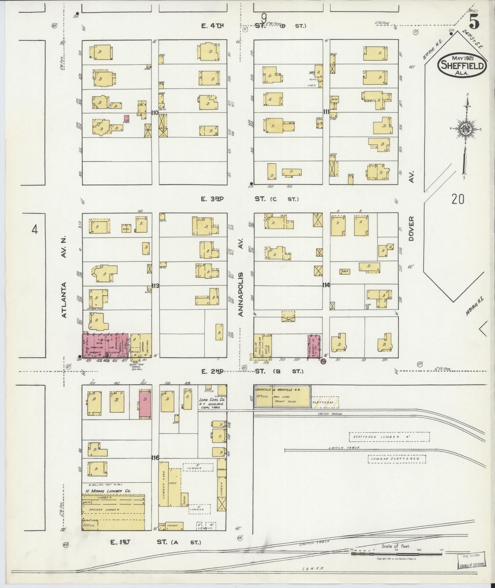 Sanborn Fire Insurance Map from Sheffield, Colbert County, Alabama (1921), Sheet #0005 - Historic Sanborn Fire Insurance Map Print, vintage old map wall art, antique decor, genealogy gift, Alabama Alabama map