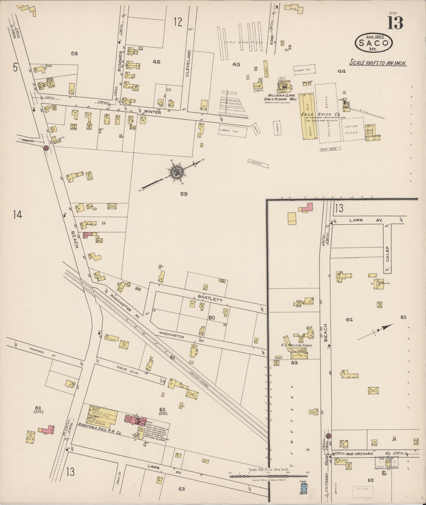 Sanborn Fire Insurance Map from Saco, York County, Maine (1922), Sheet #0013 - Historic Sanborn Fire Insurance Map Print, vintage old map wall art, antique decor, genealogy gift, Maine Maine map