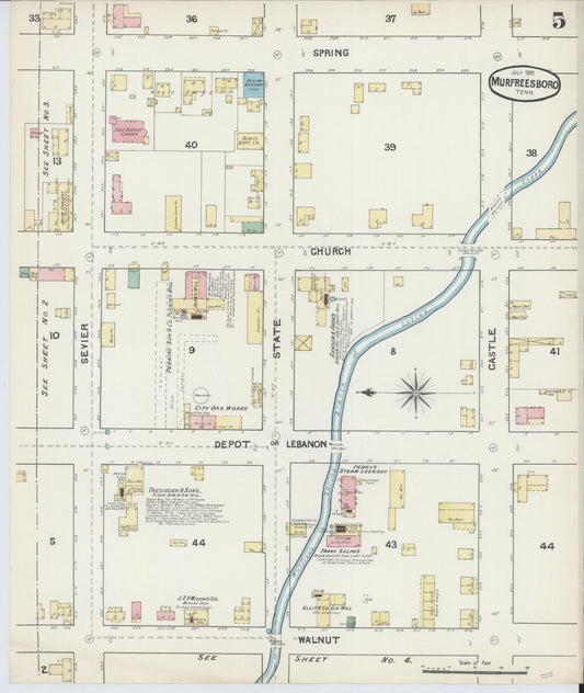 Sanborn Fire Insurance Map from Murfreesboro, Rutherford County, Tennessee (1891), Sheet #0005 - Historic Sanborn Fire Insurance Map Print, vintage old map wall art, antique decor, genealogy gift, Tennessee Tennessee map