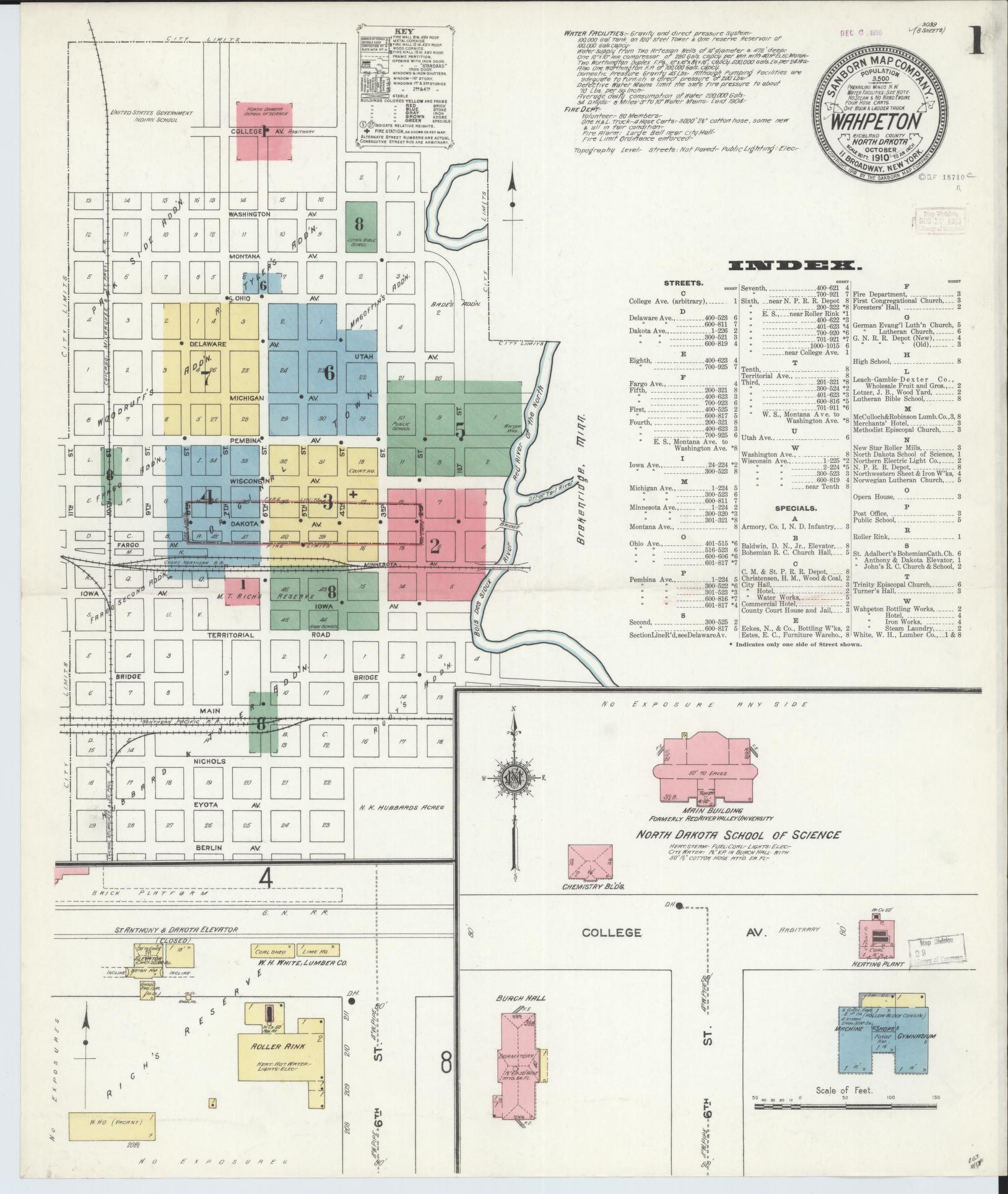 Sanborn Fire Insurance Map from Wahpeton, Richland County, North Dakota (1910), Sheet #0001 - Complete Map Set gallery image, historic Sanborn map, vintage wall art, North Dakota North Dakota