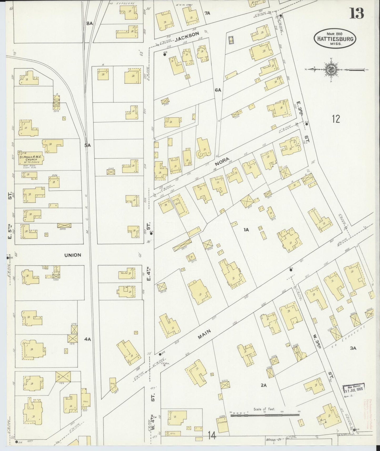 Sanborn Fire Insurance Map from Hattiesburg, Forrest County, Mississippi (1910), Sheet #0013 - Complete Map Set gallery image, historic Sanborn map, vintage wall art, Mississippi Mississippi