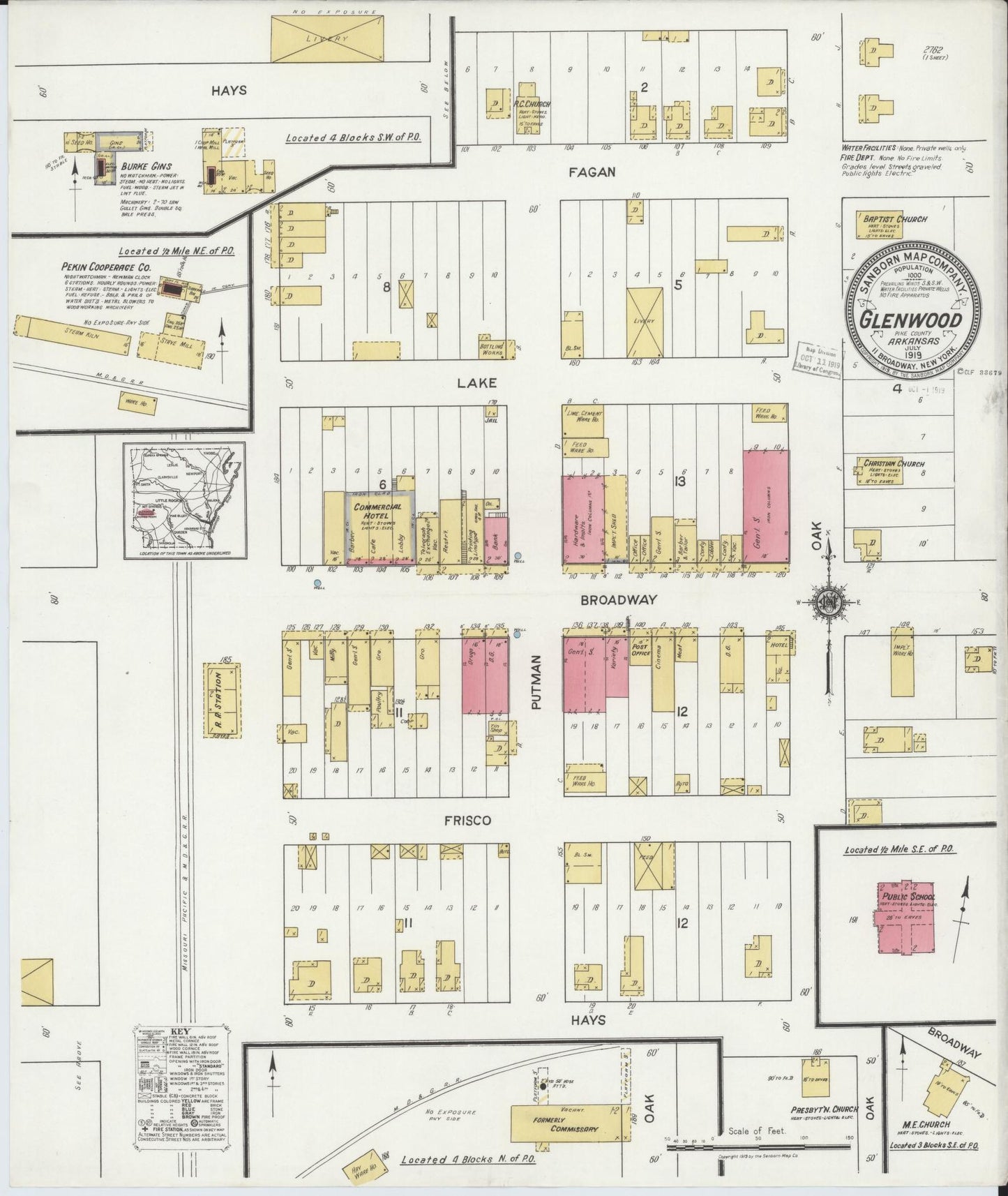 Sanborn Fire Insurance Map from Glenwood, Pike County, Arkansas (1919), Sheet #0001 - Historic Sanborn Fire Insurance Map Print, vintage old map wall art, antique decor, genealogy gift, Arkansas Arkansas map