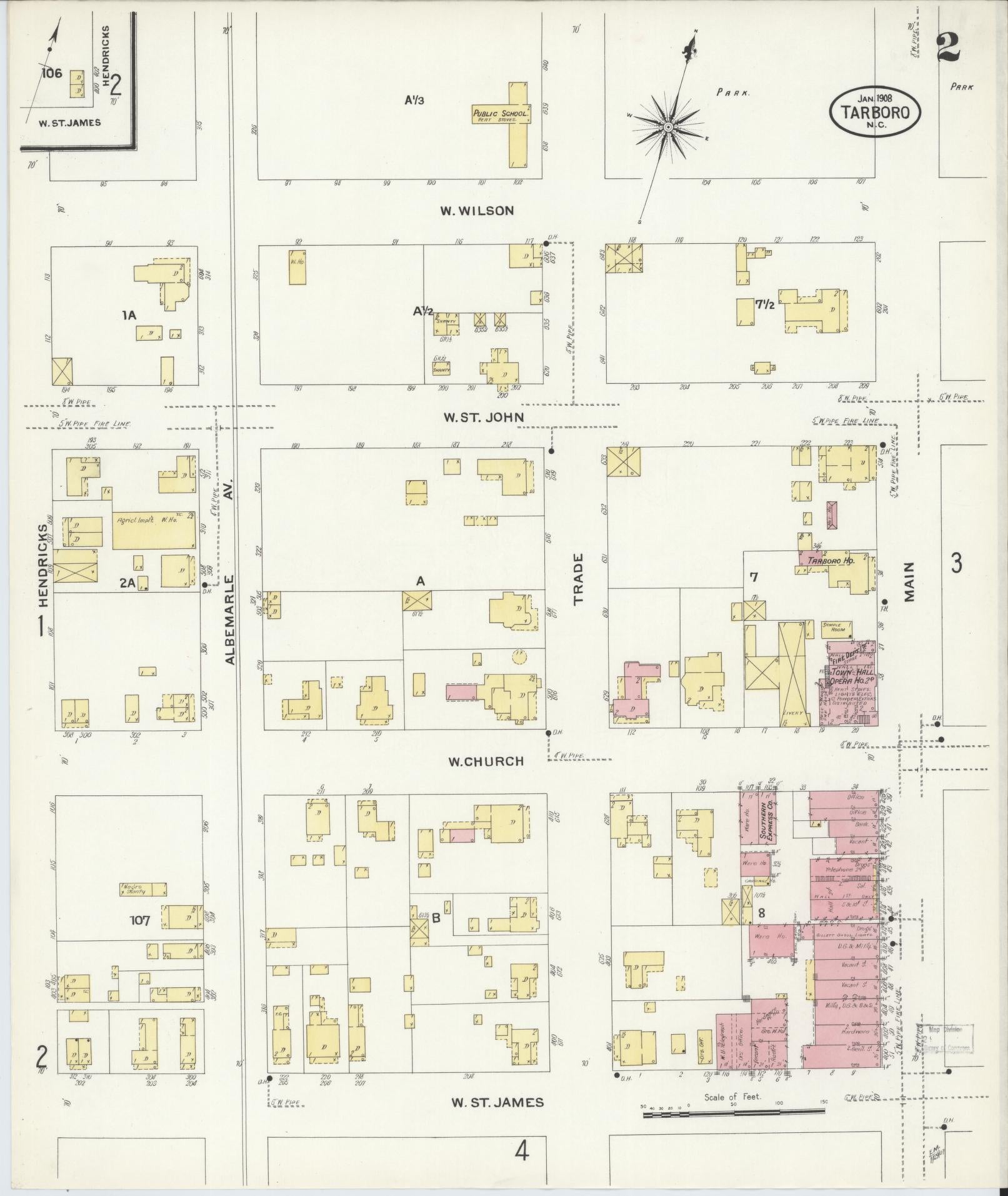 Sanborn Fire Insurance Map from Tarboro, Edgecombe County, North Carolina (1908), Sheet #0002 - Historic Sanborn Fire Insurance Map Print, vintage old map wall art, antique decor, genealogy gift, North Carolina North Carolina map