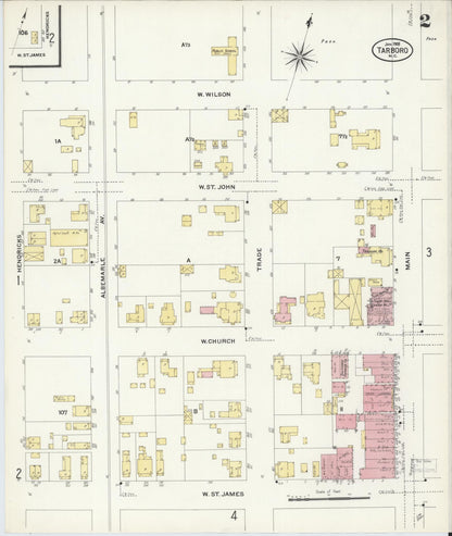 Sanborn Fire Insurance Map from Tarboro, Edgecombe County, North Carolina (1908), Sheet #0002 - Historic Sanborn Fire Insurance Map Print, vintage old map wall art, antique decor, genealogy gift, North Carolina North Carolina map