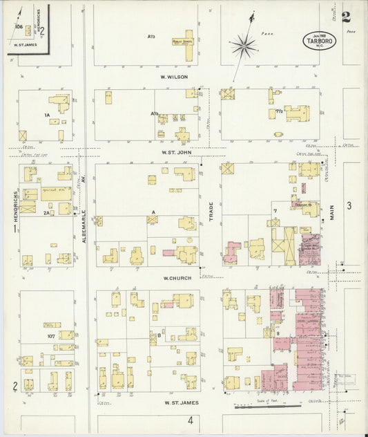 Sanborn Fire Insurance Map from Tarboro, Edgecombe County, North Carolina (1908), Sheet #0002 - Historic Sanborn Fire Insurance Map Print, vintage old map wall art, antique decor, genealogy gift, North Carolina North Carolina map