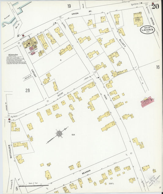Sanborn Fire Insurance Map from Laconia, Belknap County, New Hampshire (1911), Sheet #0020 - Historic Sanborn Fire Insurance Map Print, vintage old map wall art, antique decor, genealogy gift, New Hampshire New Hampshire map