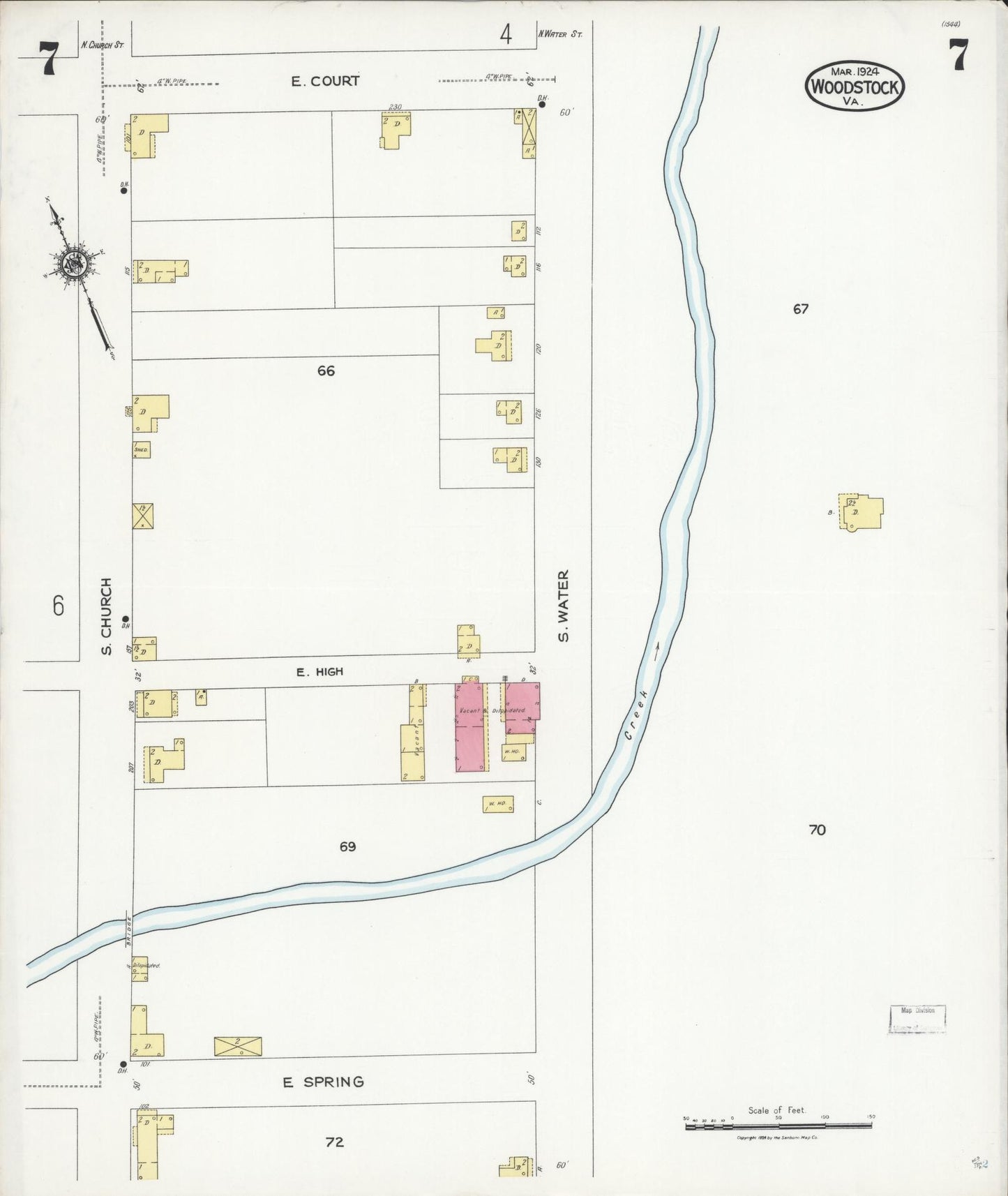 Sanborn Fire Insurance Map from Woodstock, Shenandoah County, Virginia (1924), Sheet #0007 - Historic Sanborn Fire Insurance Map Print, vintage old map wall art, antique decor, genealogy gift, Virginia Virginia map
