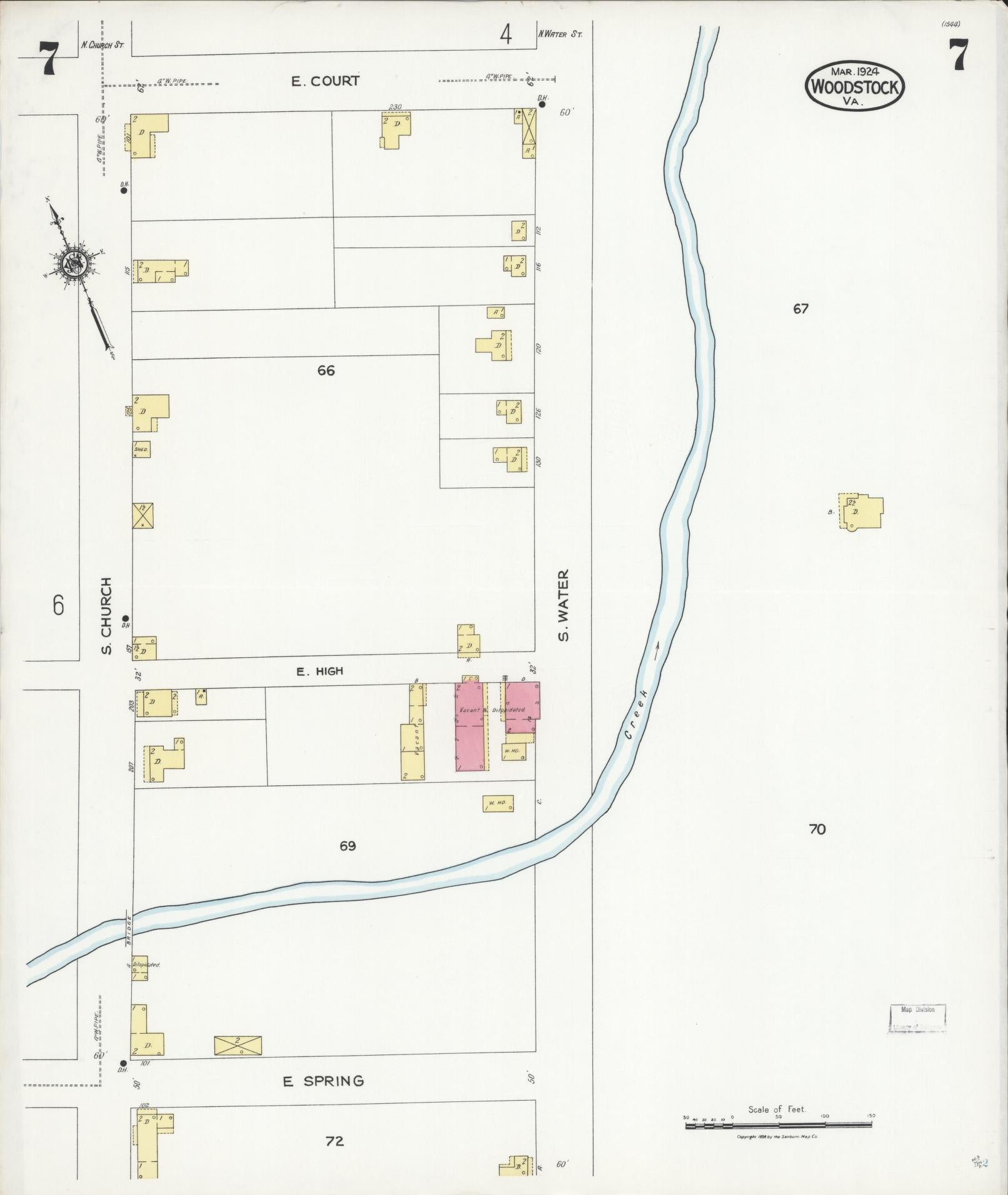Sanborn Fire Insurance Map from Woodstock, Shenandoah County, Virginia (1924), Sheet #0007 - Historic Sanborn Fire Insurance Map Print, vintage old map wall art, antique decor, genealogy gift, Virginia Virginia map