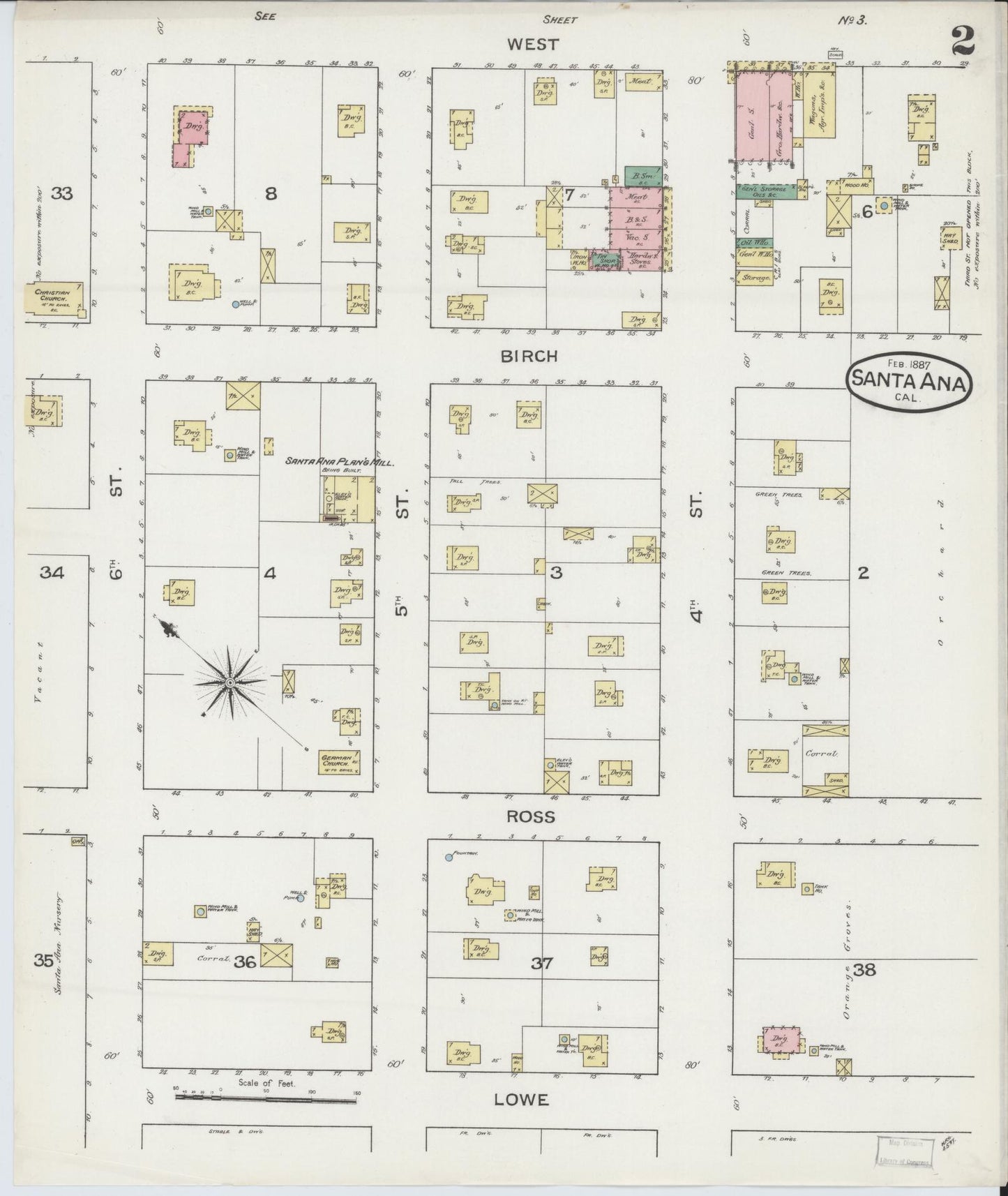 Sanborn Fire Insurance Map from Santa Ana, Orange County, California (1887), Sheet #0002 - Complete Map Set gallery image, historic Sanborn map, vintage wall art, California California