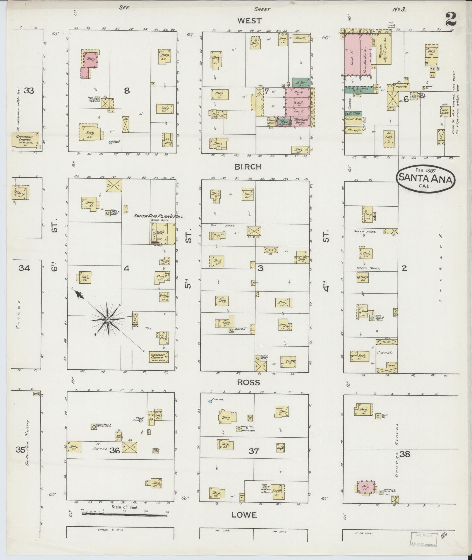 Sanborn Fire Insurance Map from Santa Ana, Orange County, California (1887), Sheet #0002 - Complete Map Set gallery image, historic Sanborn map, vintage wall art, California California