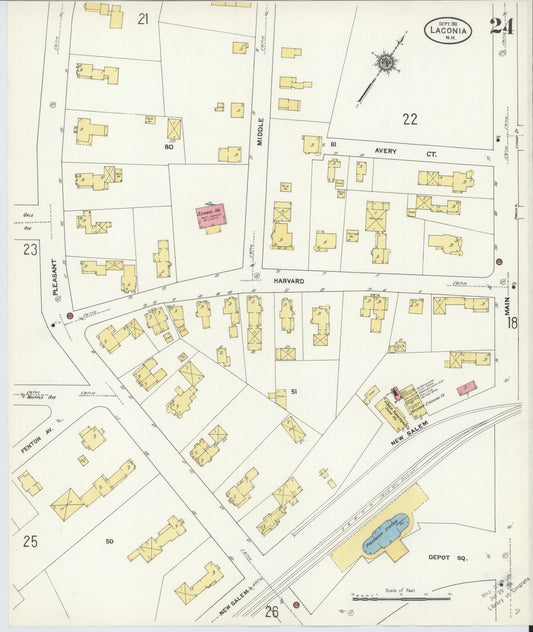 Sanborn Fire Insurance Map from Laconia, Belknap County, New Hampshire (1911), Sheet #0024 - Historic Sanborn Fire Insurance Map Print, vintage old map wall art, antique decor, genealogy gift, New Hampshire New Hampshire map