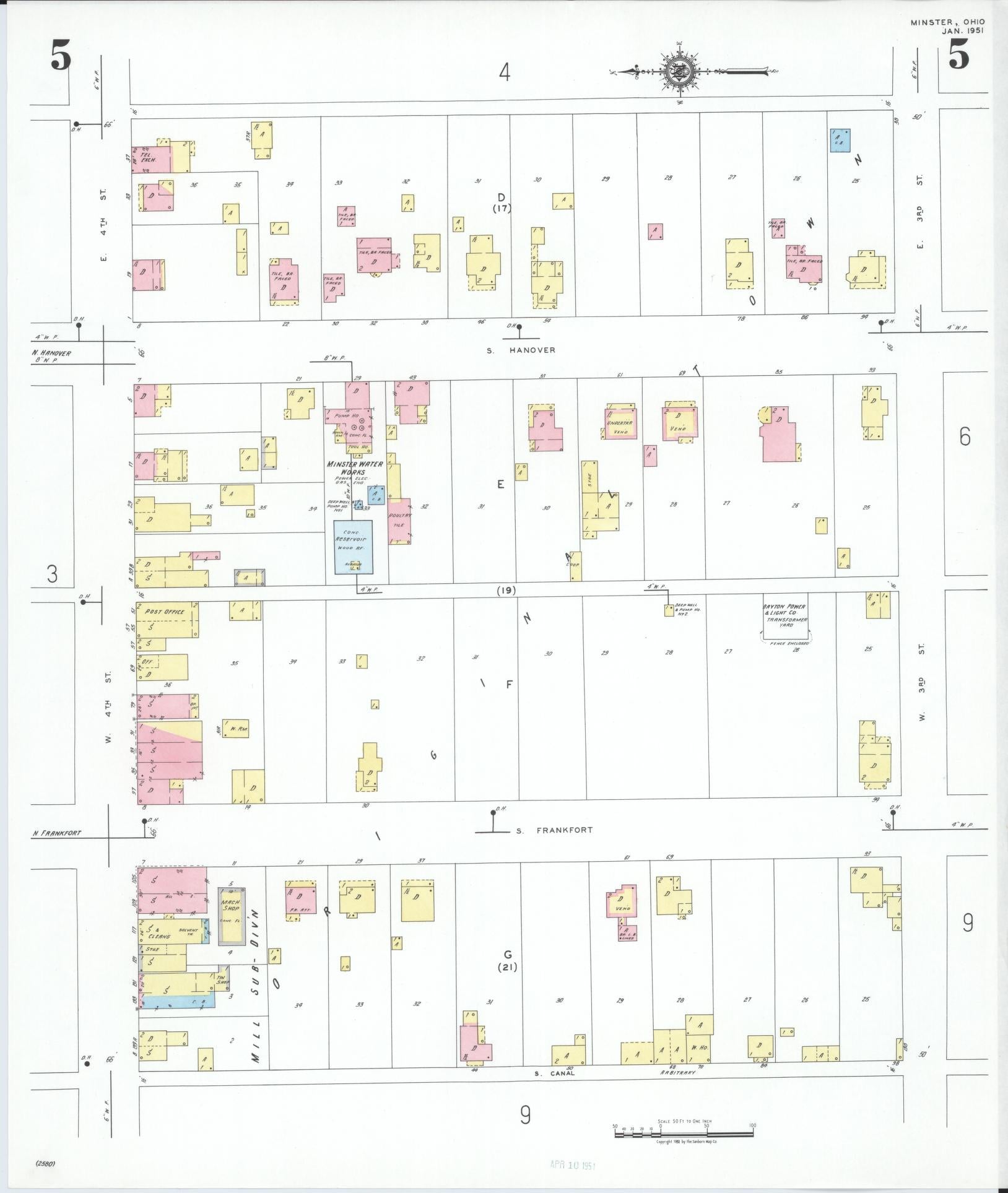 Sanborn Fire Insurance Map from Minster, Auglaize County, Ohio (1951), Sheet #0005 - Complete Map Set gallery image, historic Sanborn map, vintage wall art, Ohio Ohio