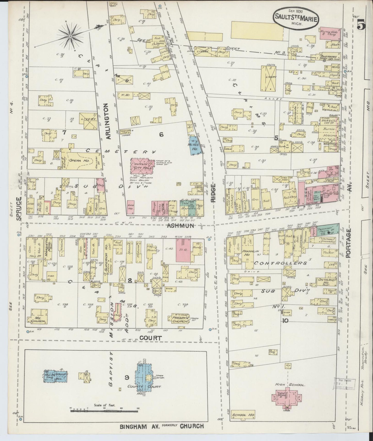 Sanborn Fire Insurance Map from Sault Sainte Marie, Chippewa County, Michigan (1890), Sheet #0005 - Complete Map Set gallery image, historic Sanborn map, vintage wall art, Michigan Michigan