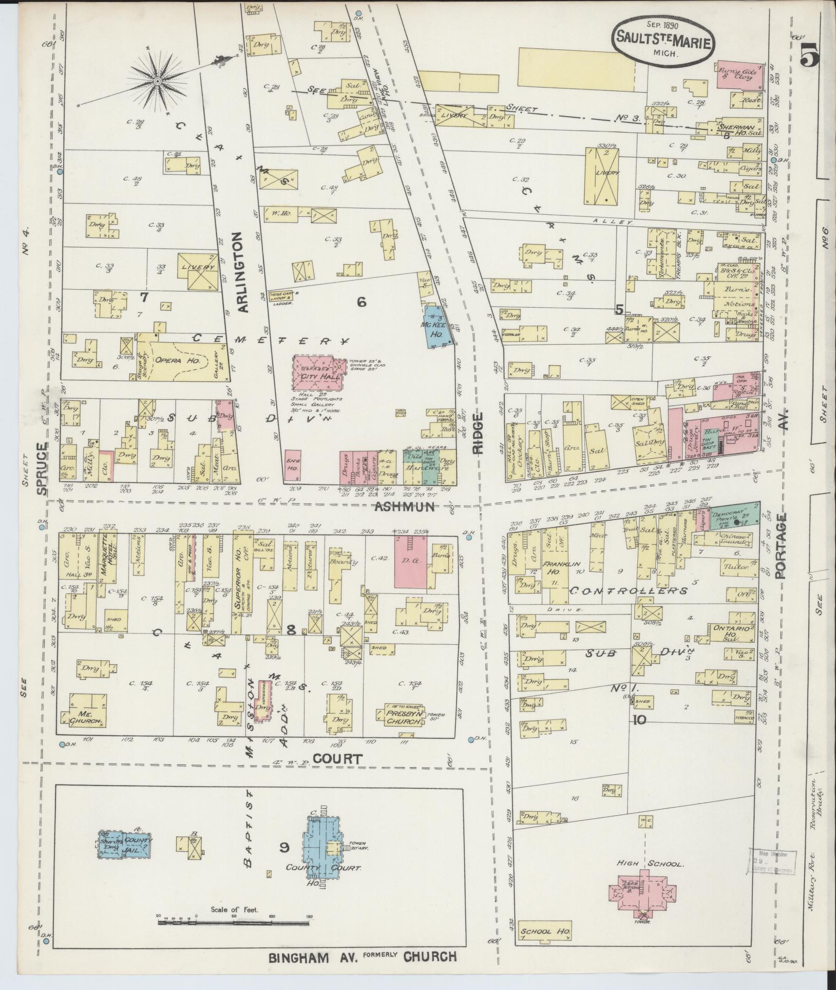 Sanborn Fire Insurance Map from Sault Sainte Marie, Chippewa County, Michigan (1890), Sheet #0005 - Complete Map Set gallery image, historic Sanborn map, vintage wall art, Michigan Michigan