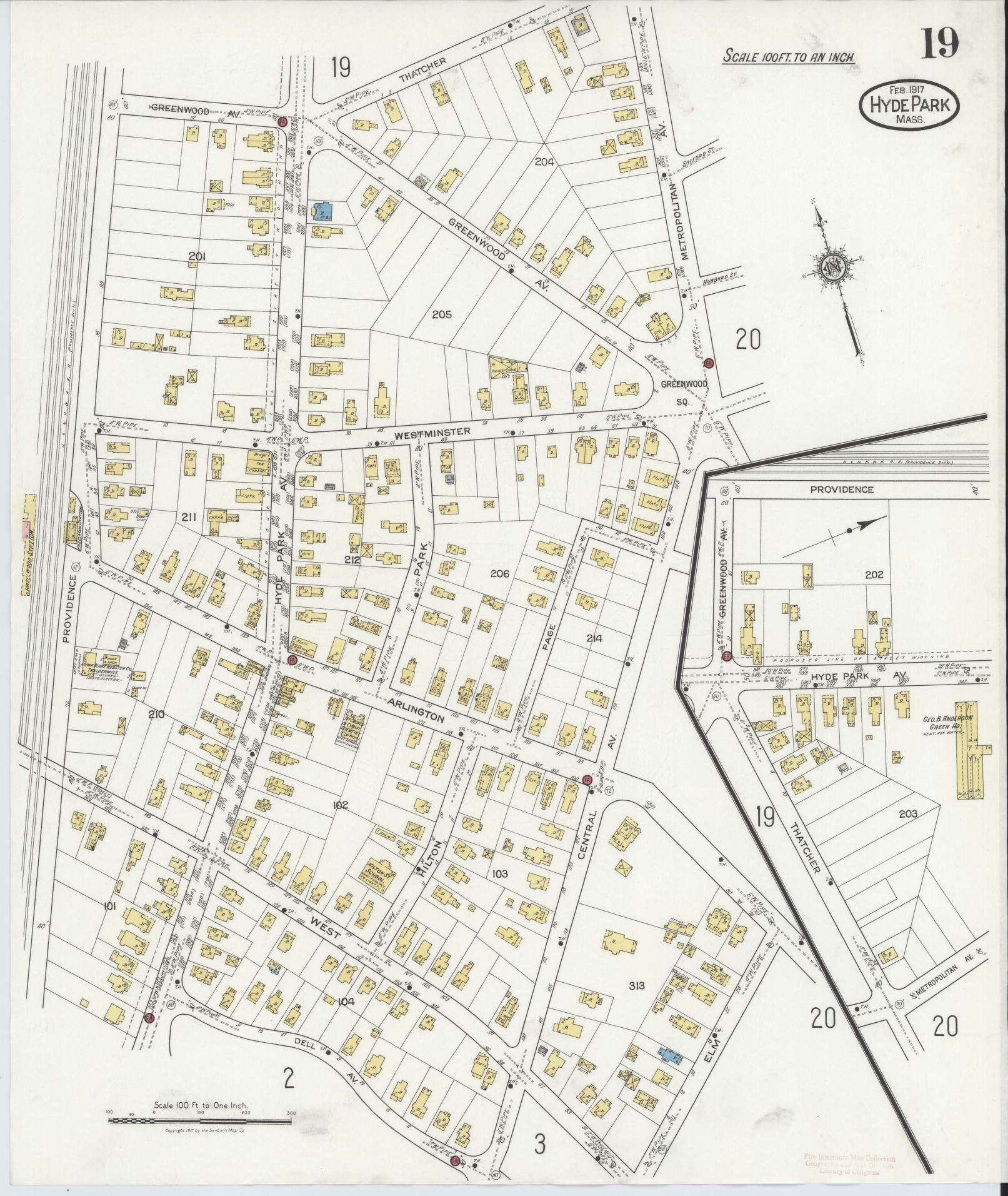 Sanborn Fire Insurance Map from Hyde Park, Norfolk County, Massachusetts (1917), Sheet #0019 - Complete Map Set gallery image, historic Sanborn map, vintage wall art, Massachusetts Massachusetts