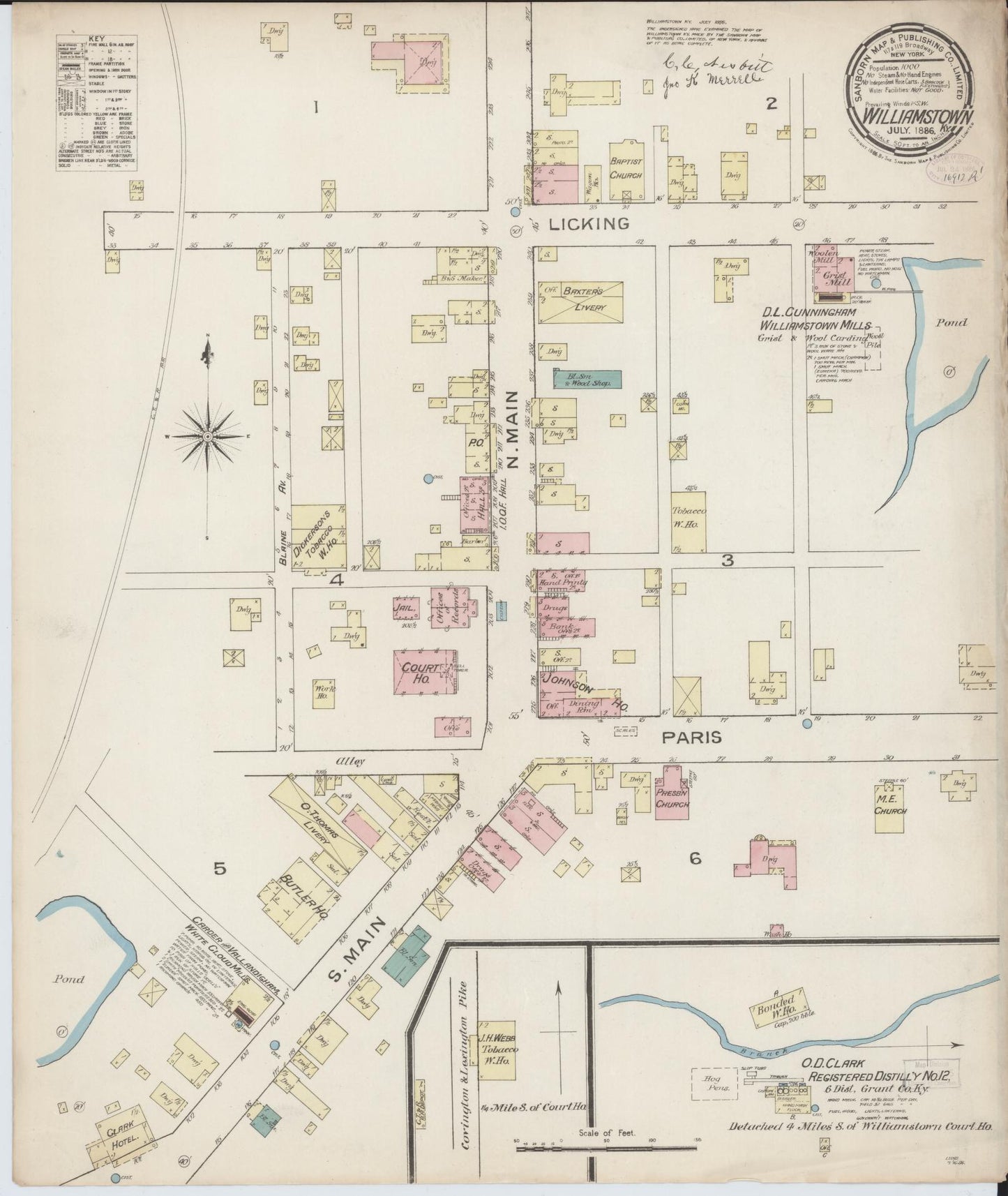 Sanborn Fire Insurance Map from Williamstown, Grant County, Kentucky (1886), Sheet #0001 - Historic Sanborn Fire Insurance Map Print, vintage old map wall art, antique decor, genealogy gift, Kentucky Kentucky map
