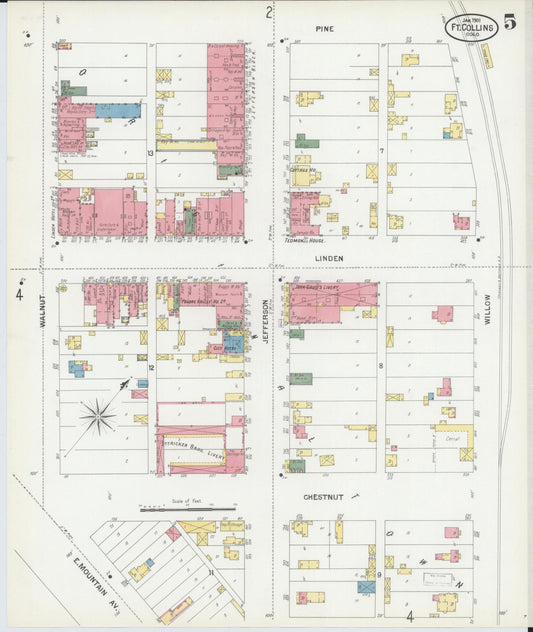 Sanborn Fire Insurance Map from Fort Collins, Larimer County, Colorado (1901), Sheet #0005 - Historic Sanborn Fire Insurance Map Print, vintage old map wall art, antique decor, genealogy gift, Colorado Colorado map