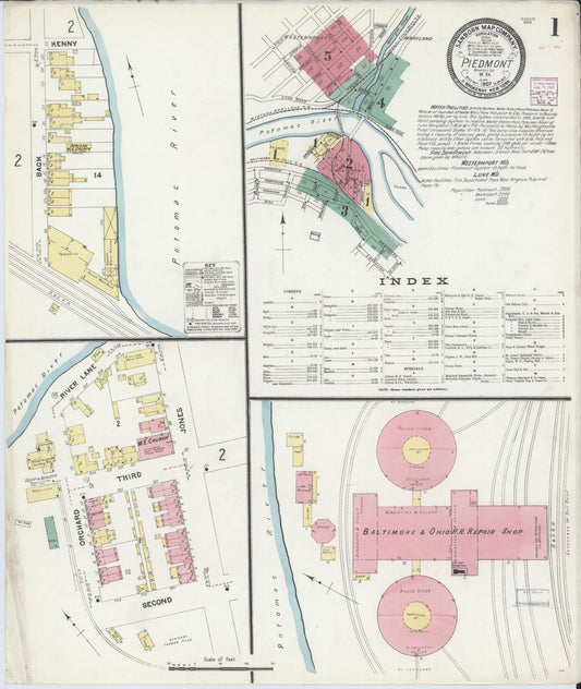 Sanborn Fire Insurance Map from Piedmont, Mineral County, West Virginia (1907), Sheet #0001 - Historic Sanborn Fire Insurance Map Print, vintage old map wall art, antique decor, genealogy gift, West Virginia West Virginia map